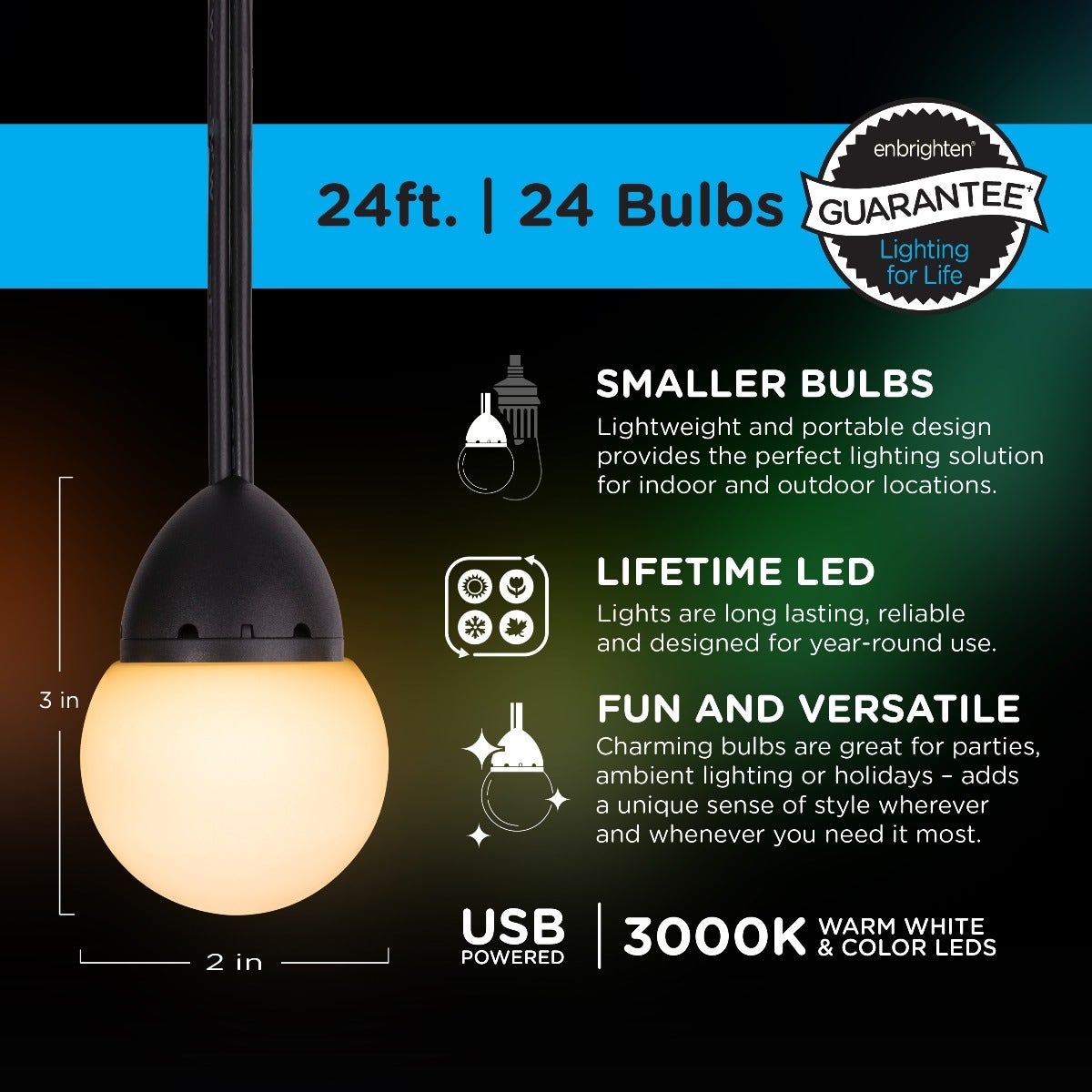 Enbrighten Bistro USB-Powered Color Changing LED Cafe Lights, 24 Bulbs, 24ft. Black Cord