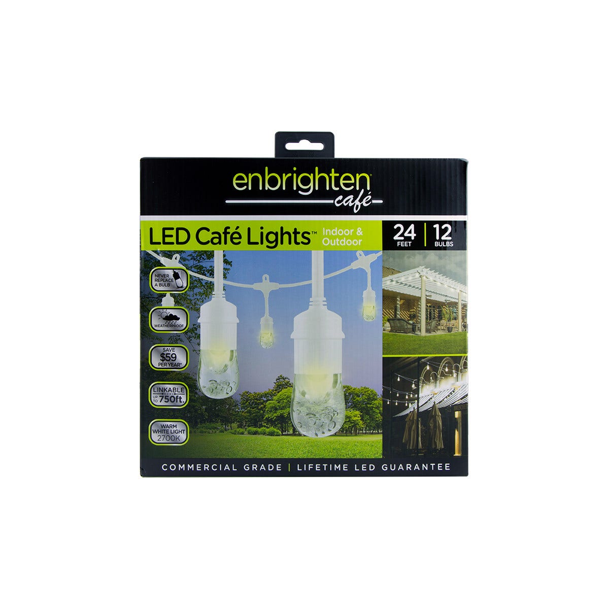 Enbrighten Classic LED Cafe Lights, 12 Bulbs, 24ft. White Cord