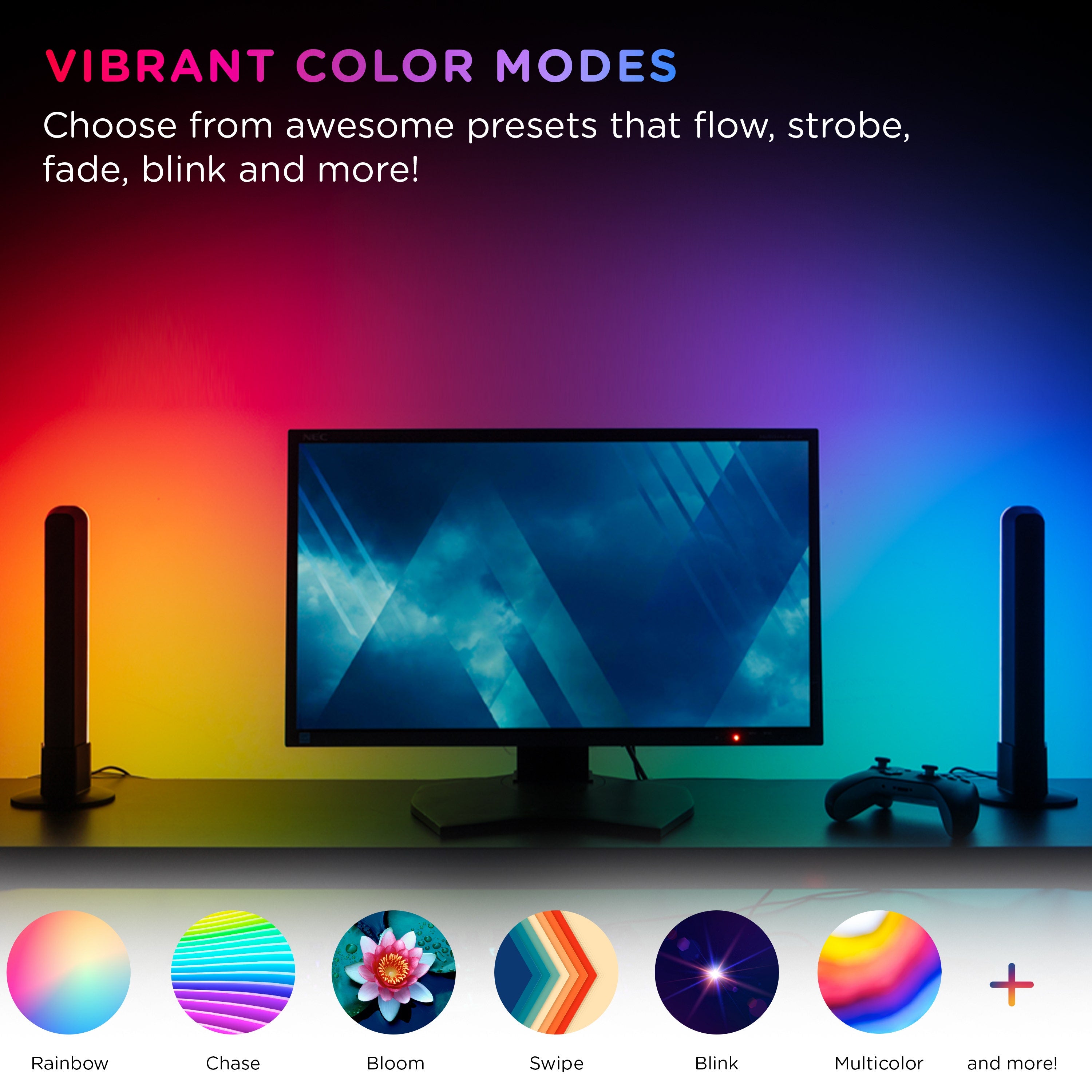 Enbrighten WiFi VIBE USB-Powered LED Color-Changing Gaming Light Bars, 2 Pack, Black