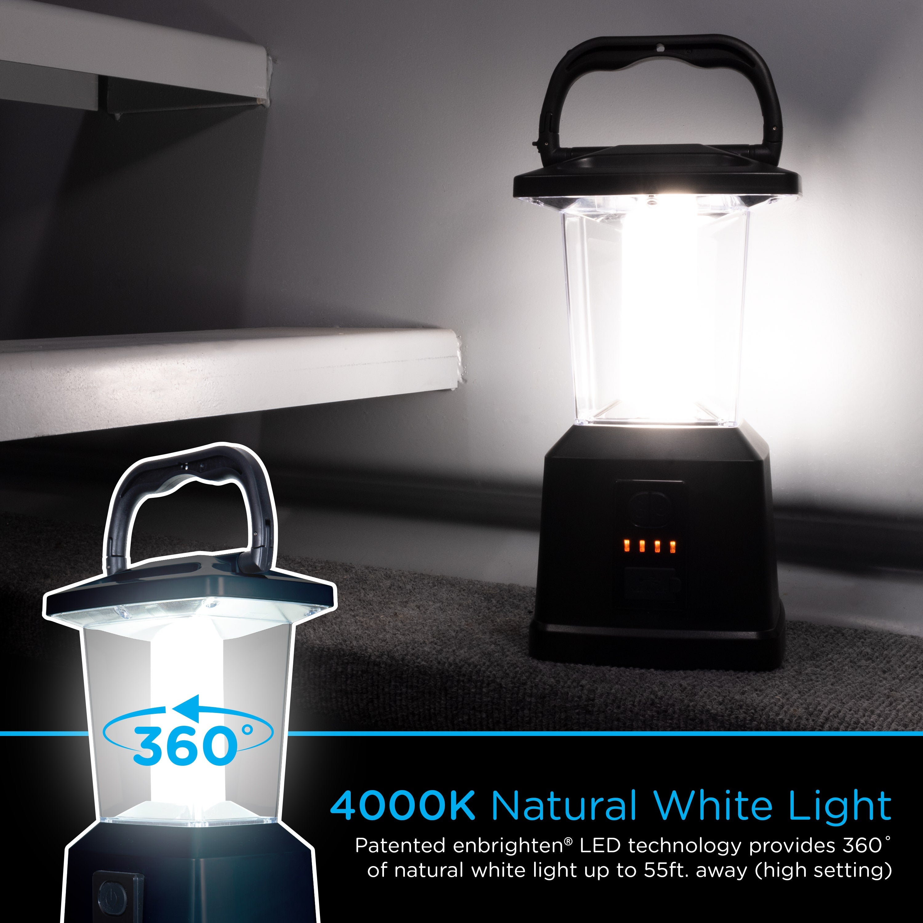 Enbrighten Lux Hybrid Dual Power Color-Select Dimmable LED Lantern with USB Charging, Black