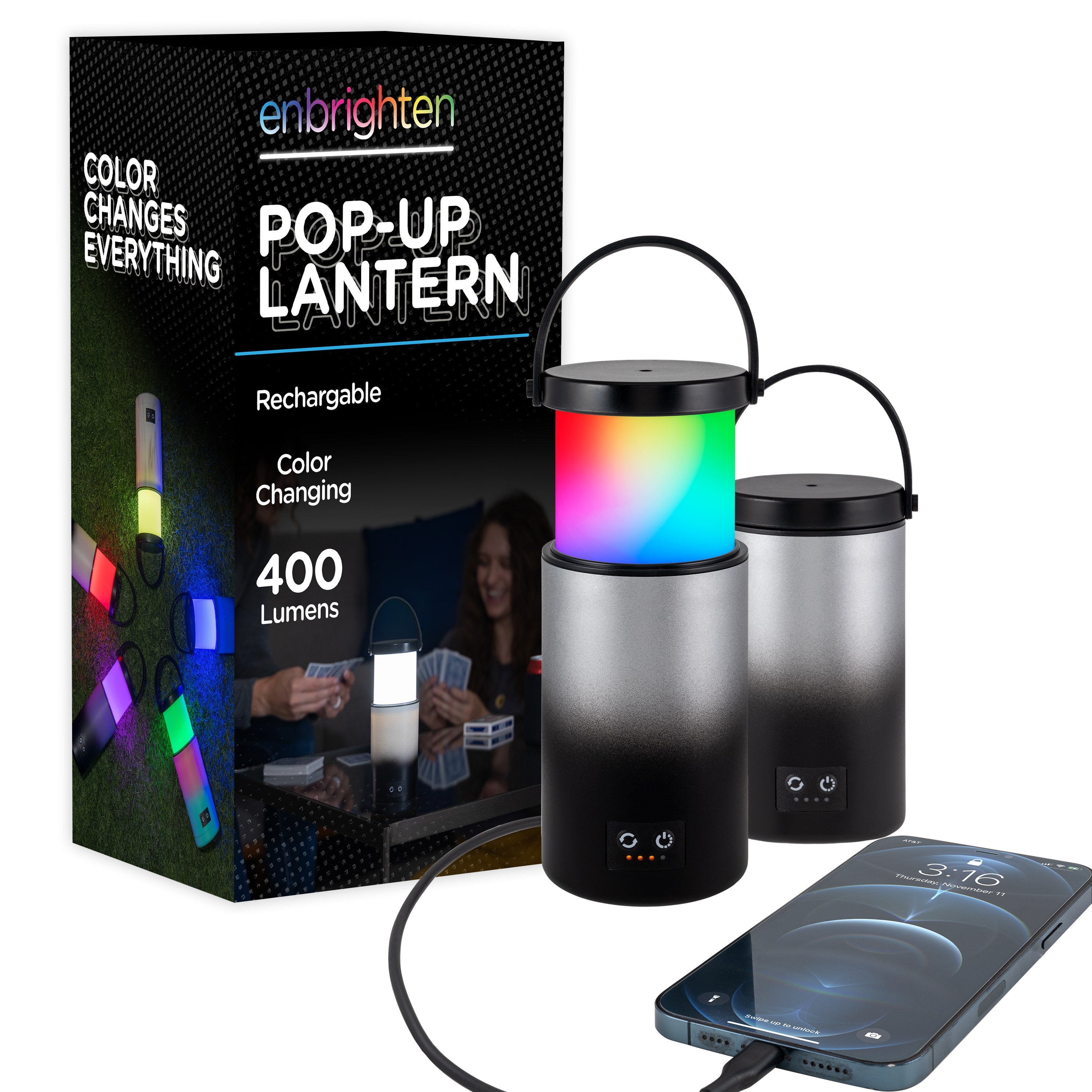 Enbrighten Color Changing LED Pop-Up Lantern, Rechargeable, Silver/Black