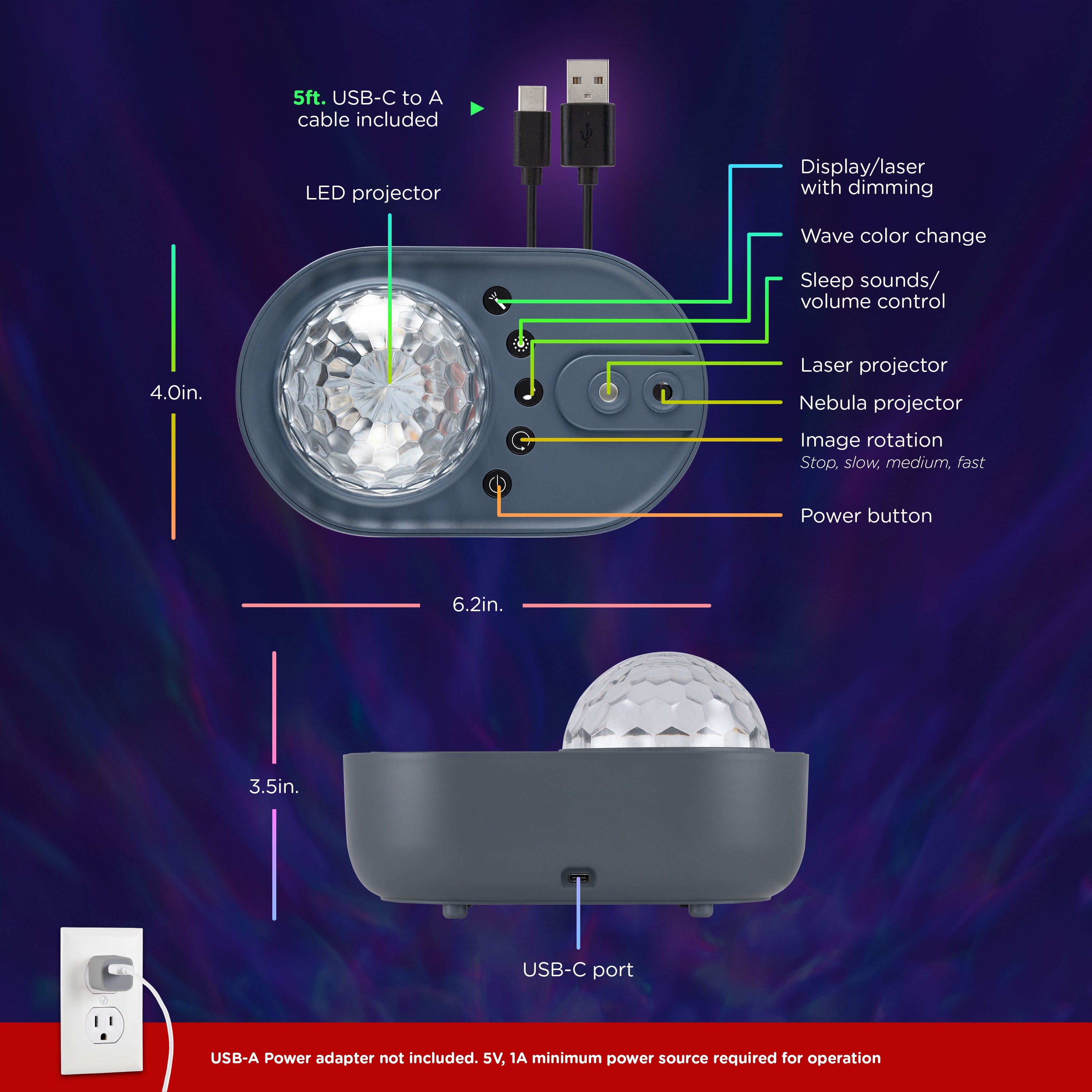 Enbrighten Galaxy Projector LED Tabletop Night Light with Sound Effects