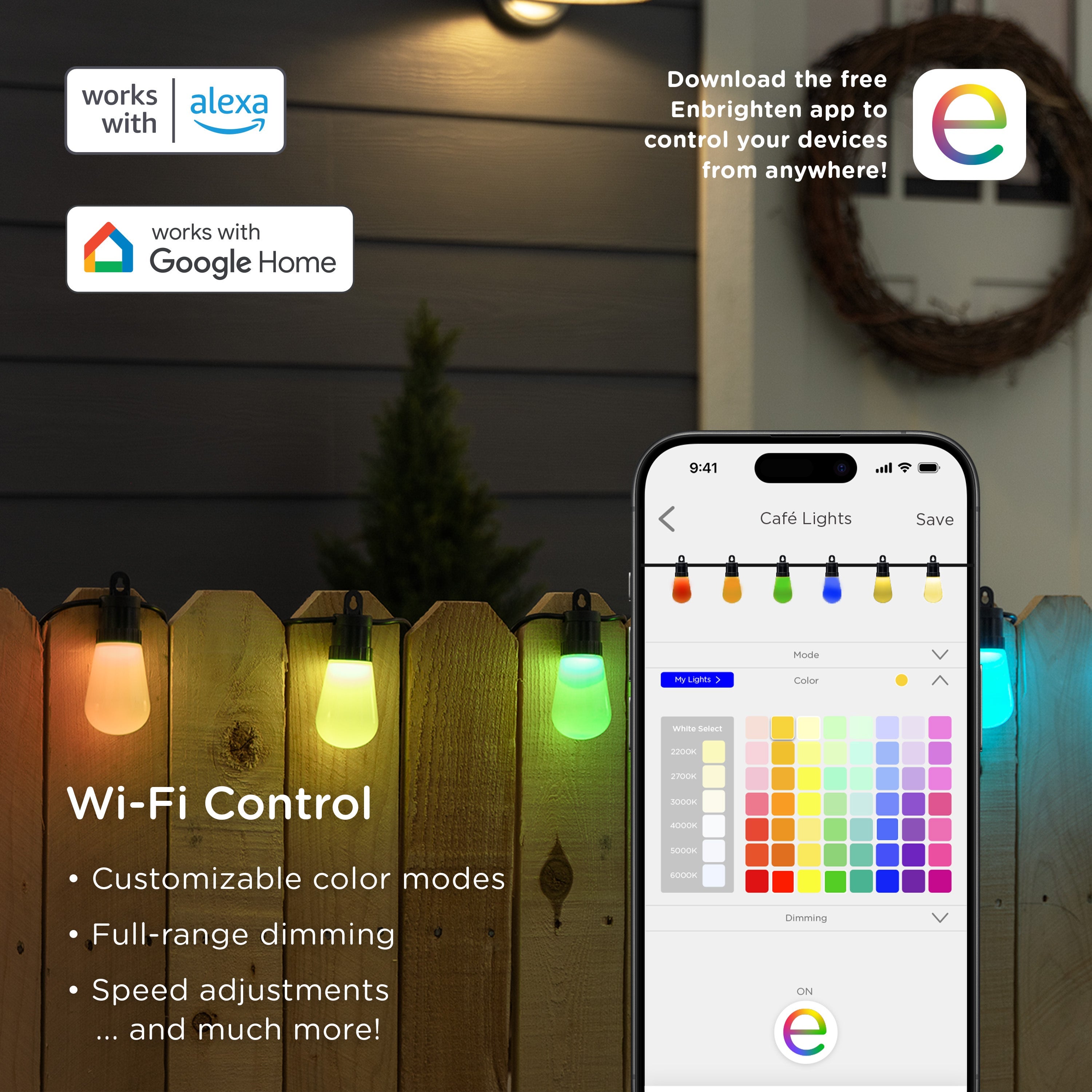 Enbrighten WiFi VIBE Color-Changing Lightweight LED Cafe Lights, 15 Plastic Bulbs, 48ft. Black Cord