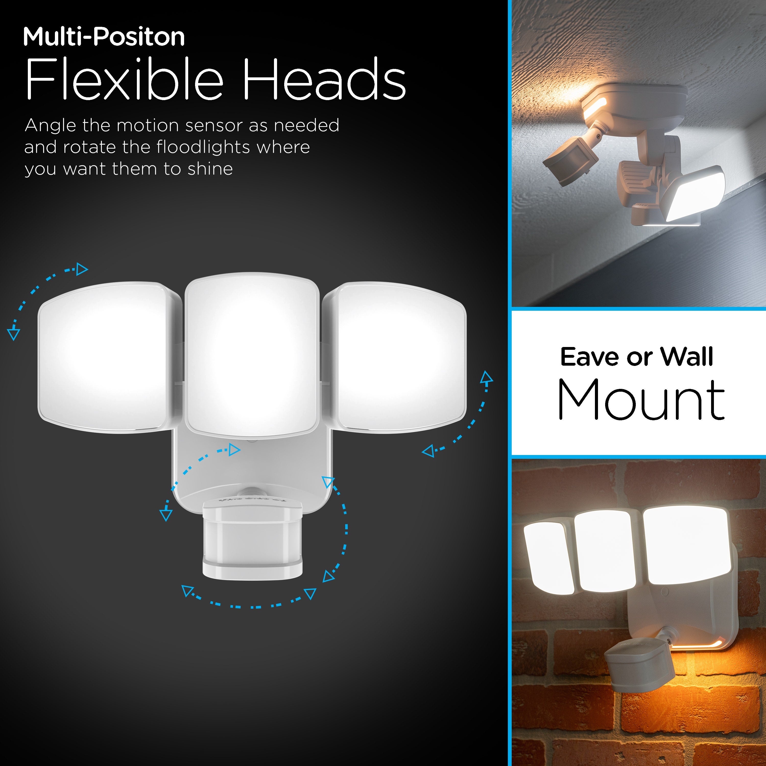 Enbrighten Outdoor 3-Head Motion-Sensing Security Light With LED Night Light, White