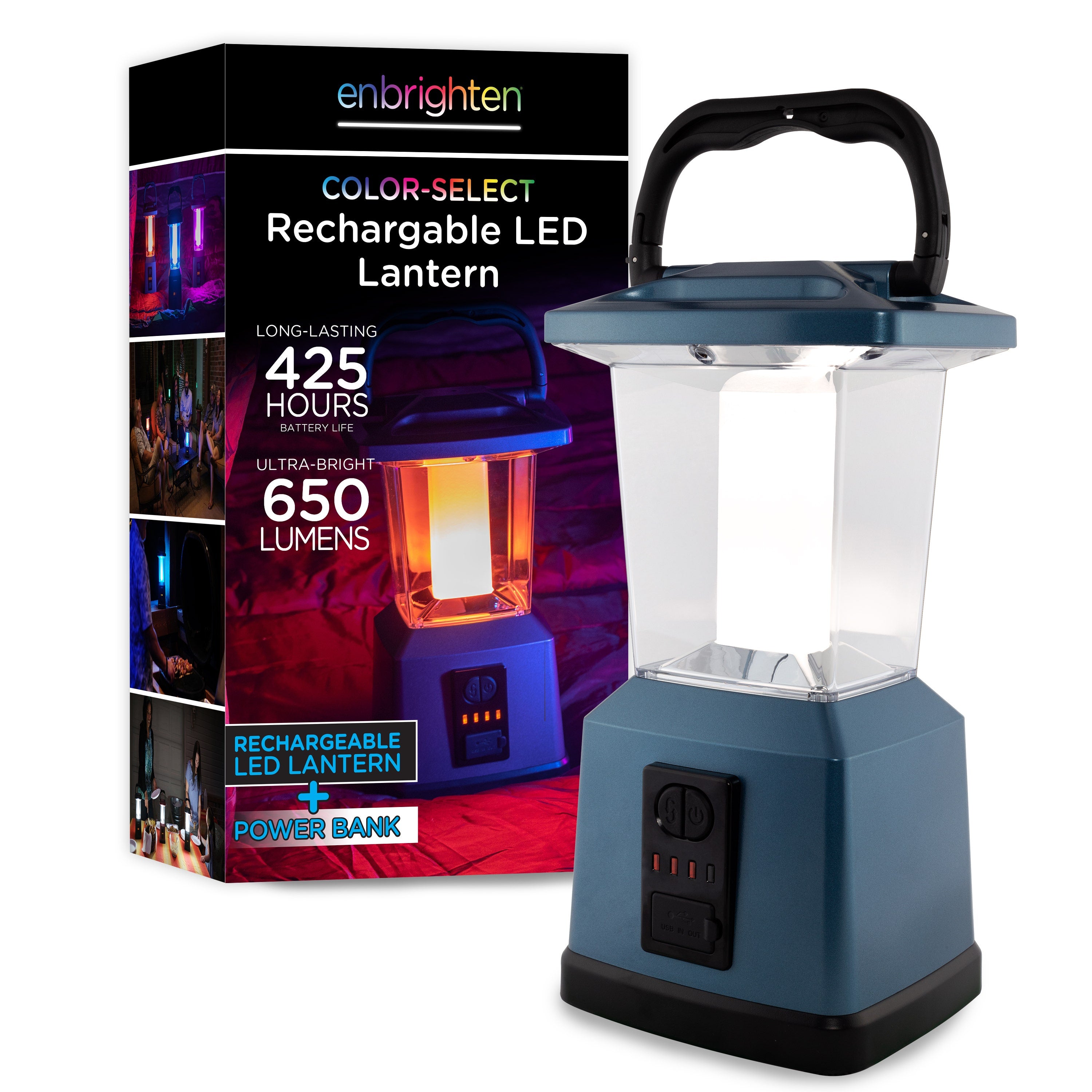 Enbrighten Lux Hybrid Dual Power Color-Select Dimmable LED Lantern with USB Charging, Blue