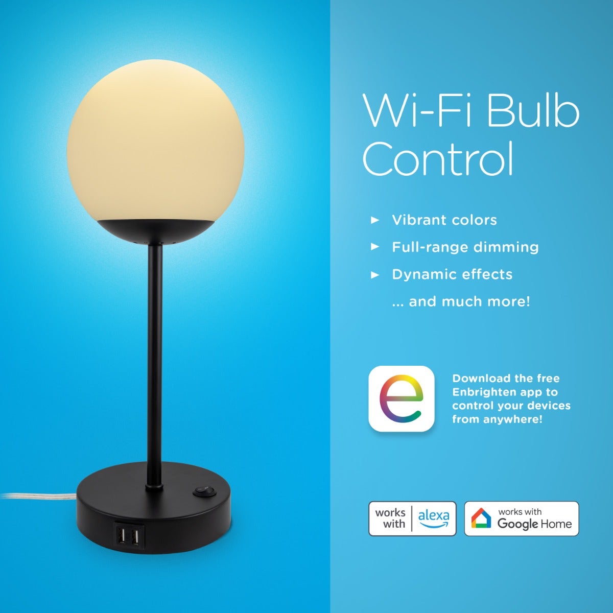 Enbrighten WiFi VIBE Color-Changing LED Tabletop Lamp with USB Charging, Black