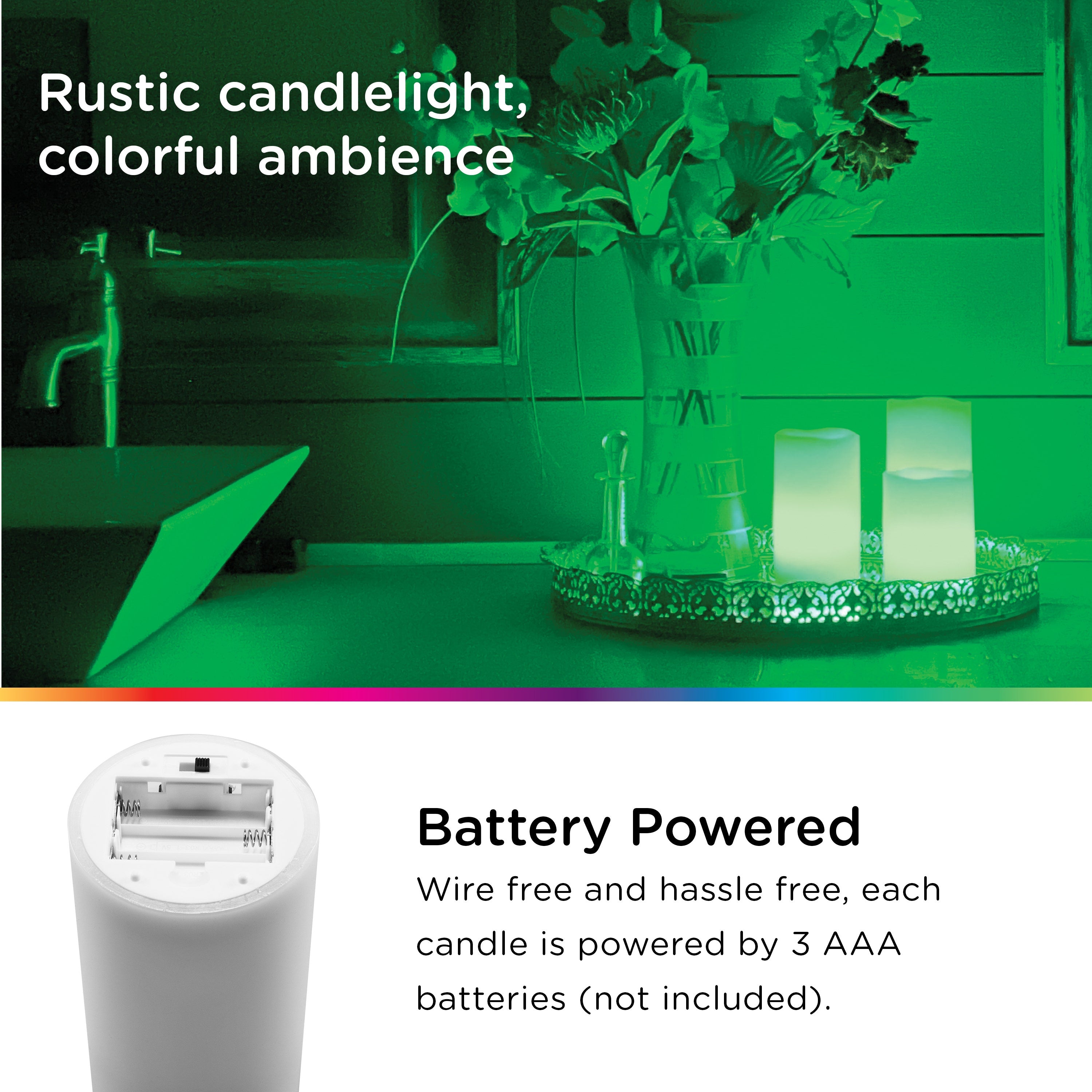 Enbrighten Battery Operated Color-Changing Flameless Flickering LED Candles, 3 Piece Set