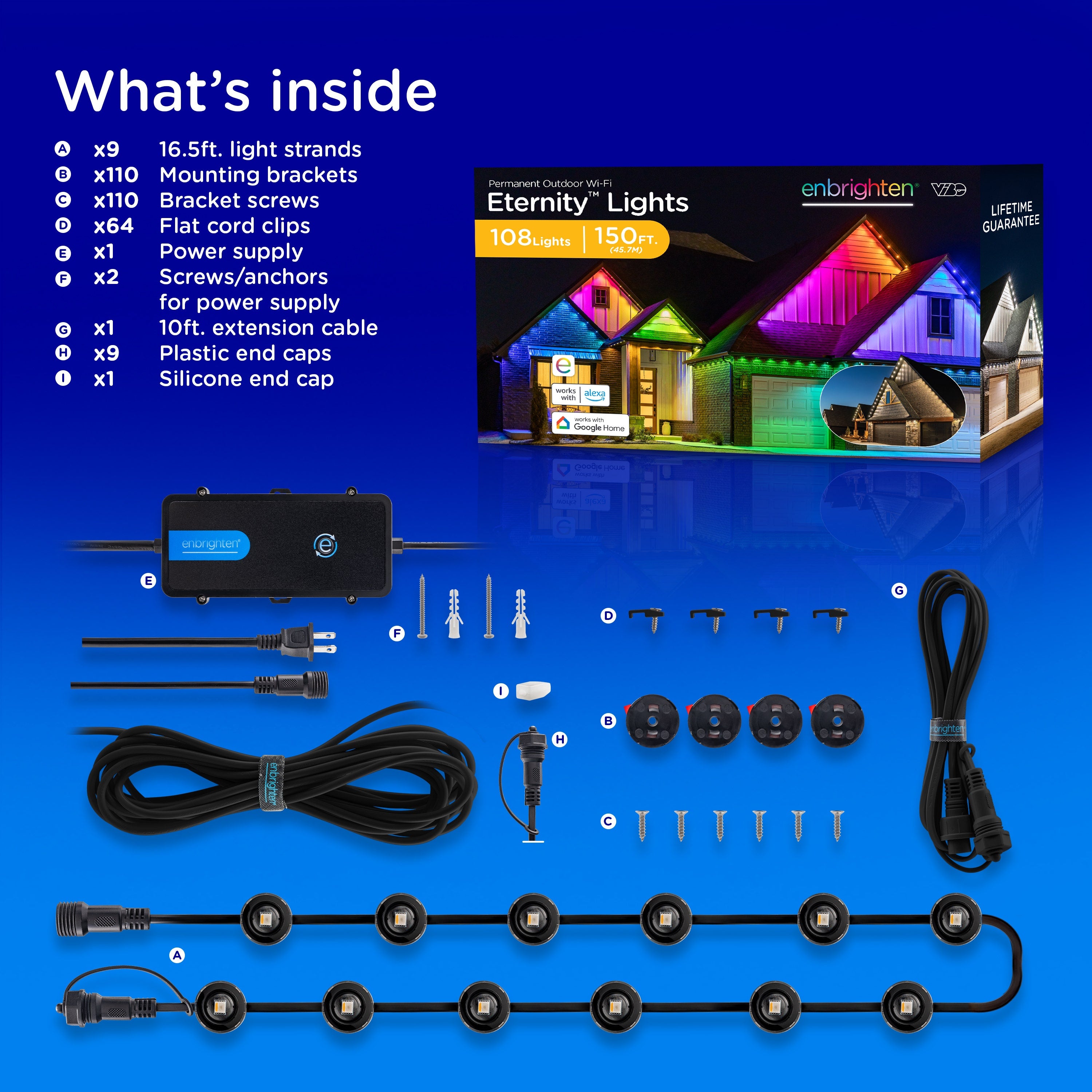 Enbrighten VIBE WiFi Color-Changing Permanent Outdoor Eternity Eave Lights, 108 Lights, 150ft. Black