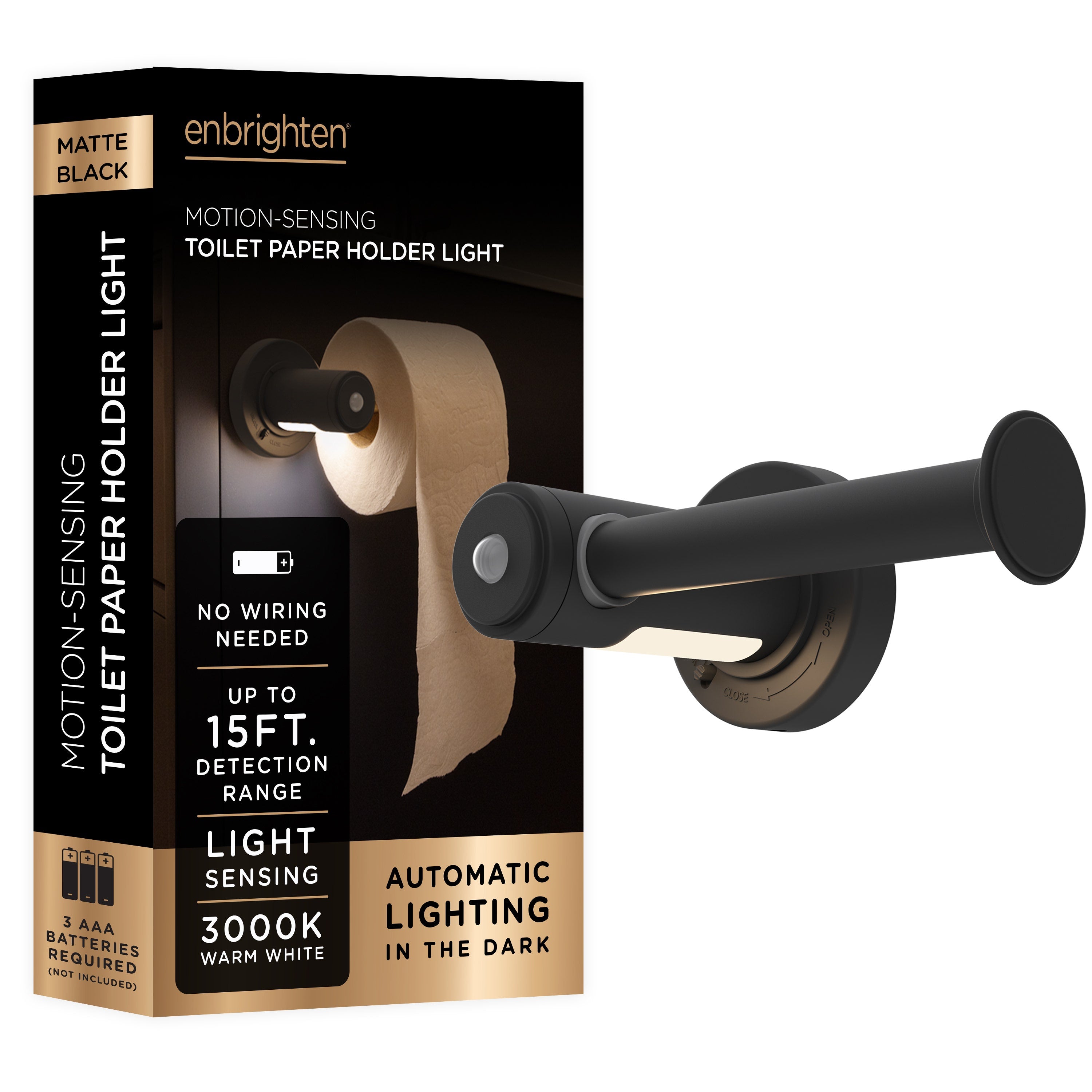 Enbrighten LED Motion Sensing Toilet Paper Holder Light, Matte Black