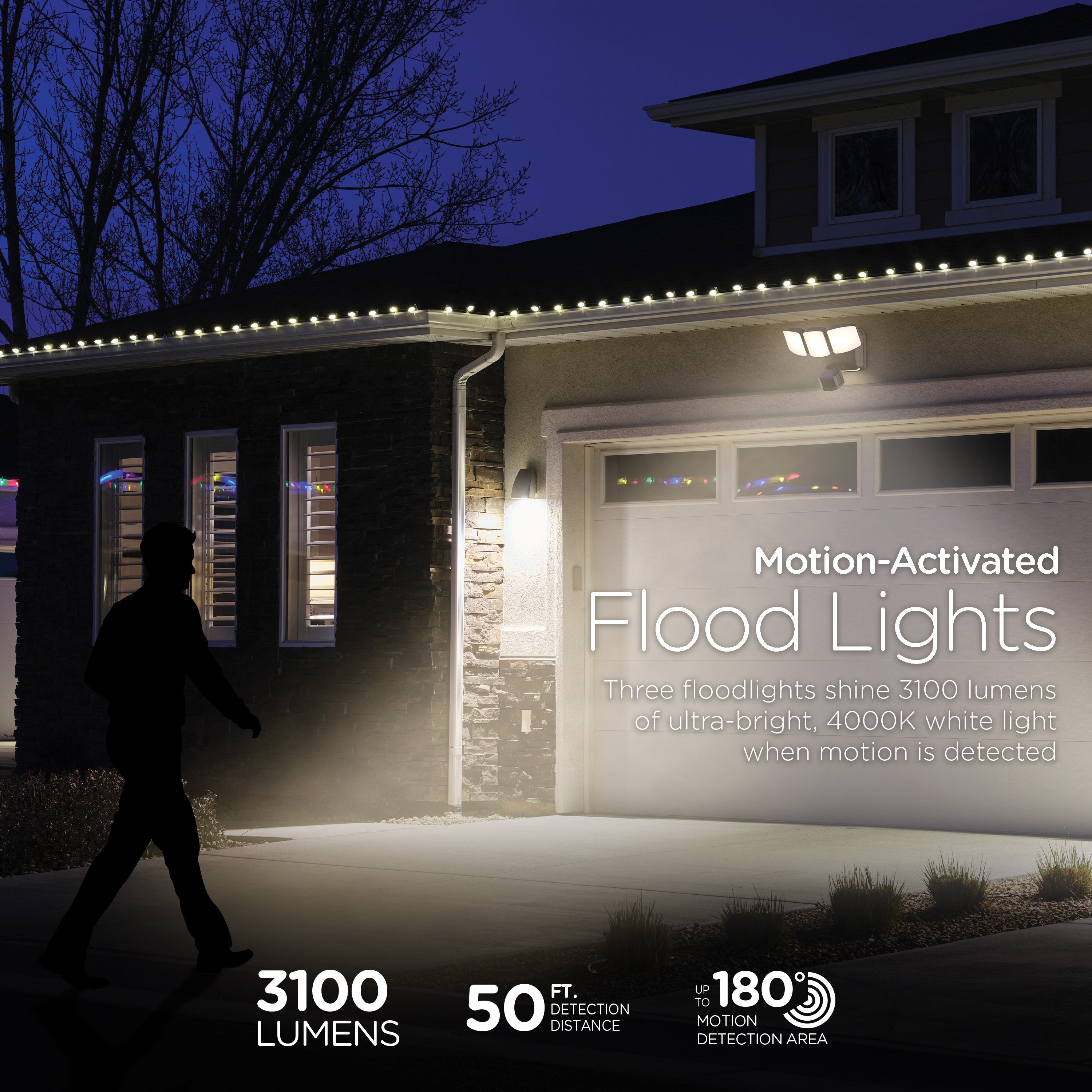 Enbrighten Outdoor 3-Head Motion-Sensing Security Light With LED Night Light, Black