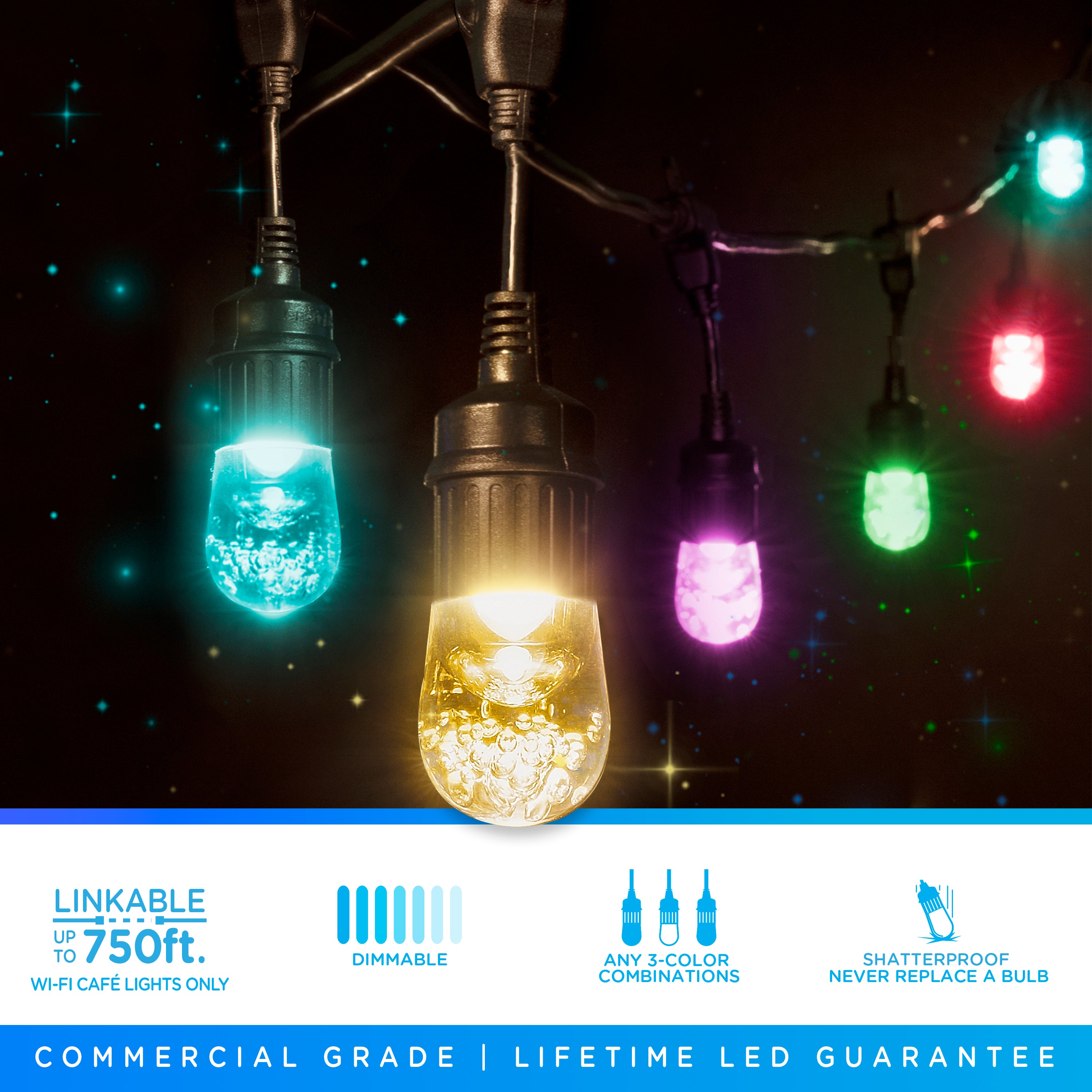 Enbrighten VIBE WiFi Color-Changing Classic LED Cafe Lights, 24 Bulbs, 48ft. Black Cord