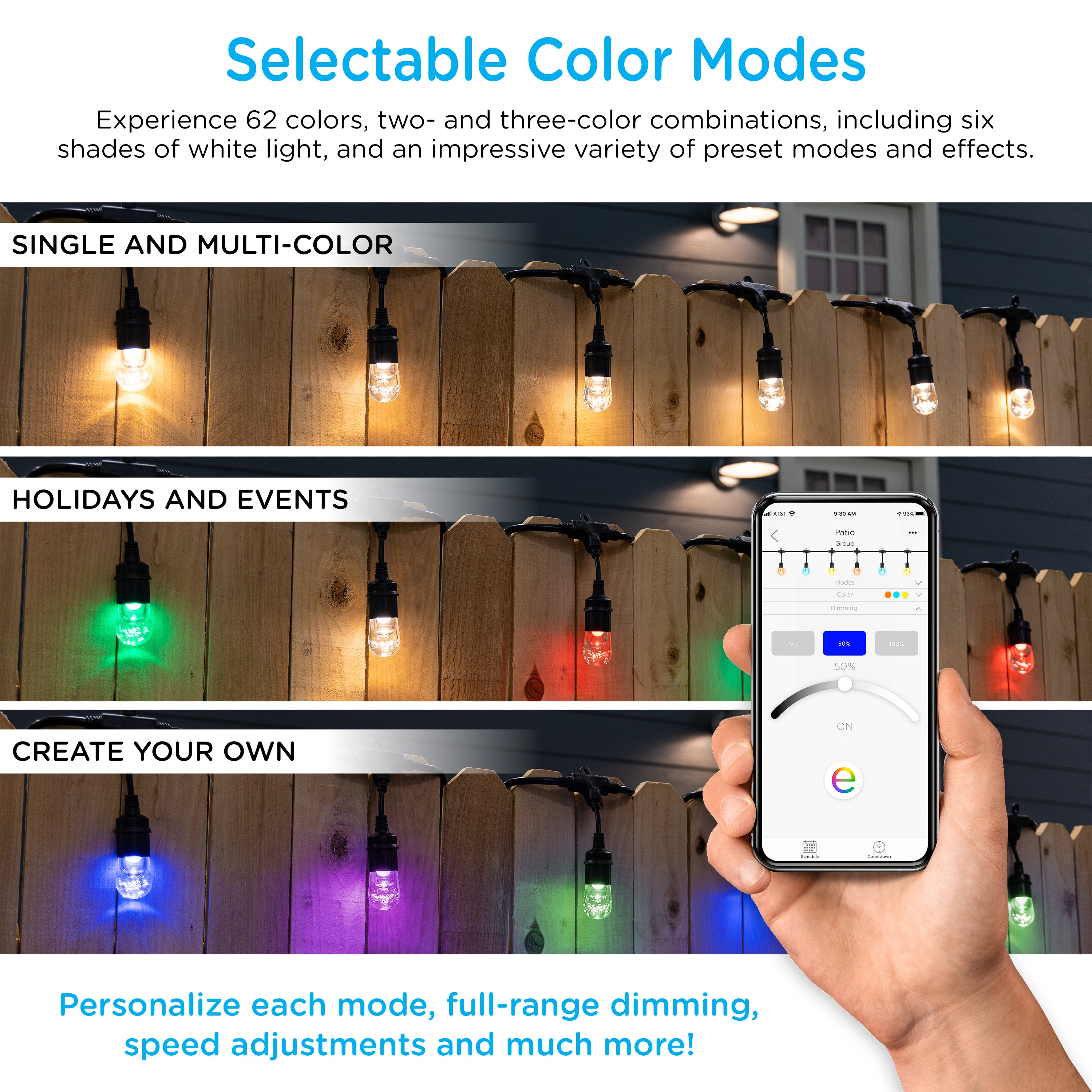 Enbrighten VIBE WiFi Color-Changing Classic LED Cafe Lights, 24 Bulbs, 48ft. Black Cord