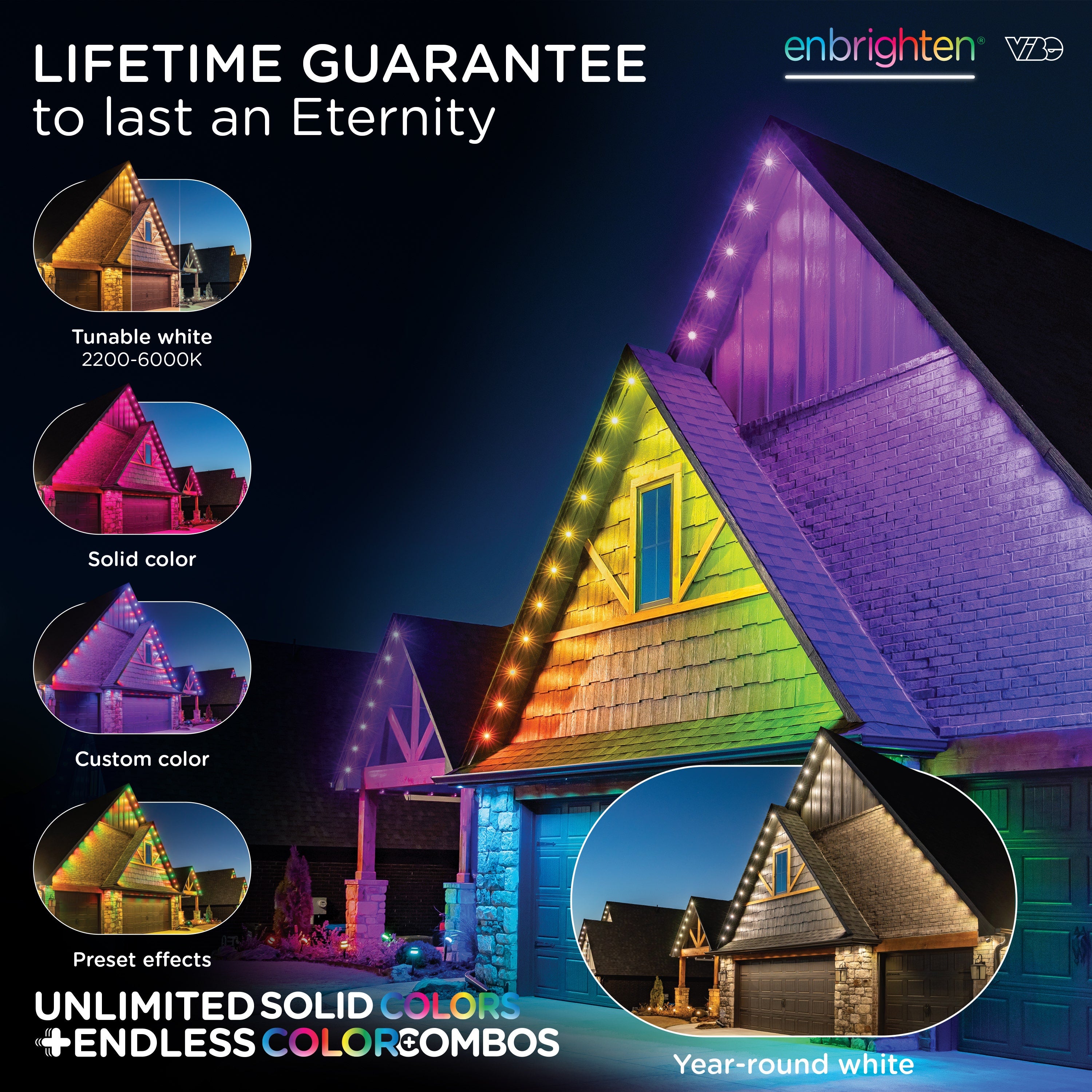 Enbrighten VIBE WiFi Color-Changing Permanent Outdoor Eternity Eave Lights, 72 Lights, 100ft. Black Cord