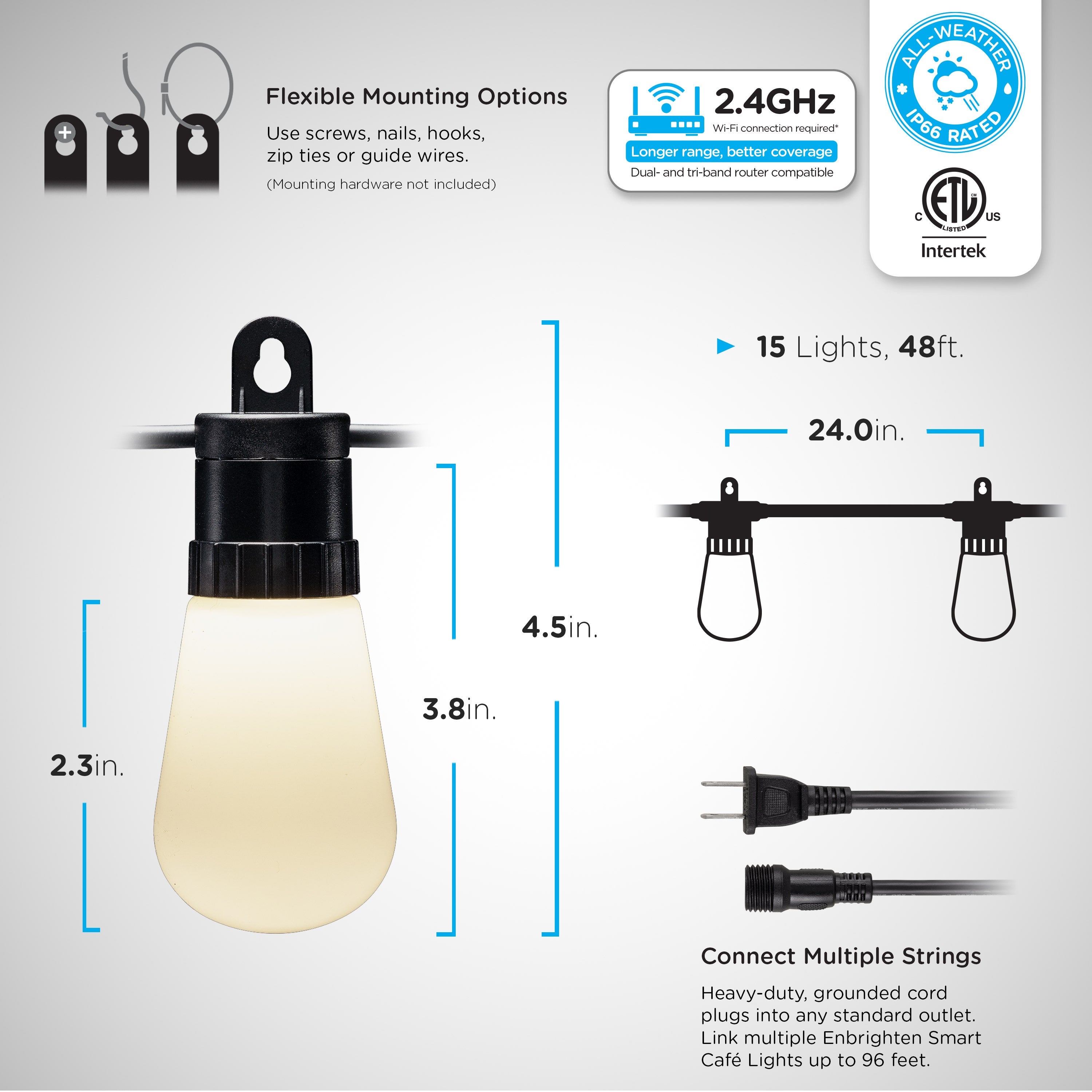 Enbrighten WiFi VIBE Color-Changing Lightweight LED Cafe Lights, 15 Plastic Bulbs, 48ft. Black Cord