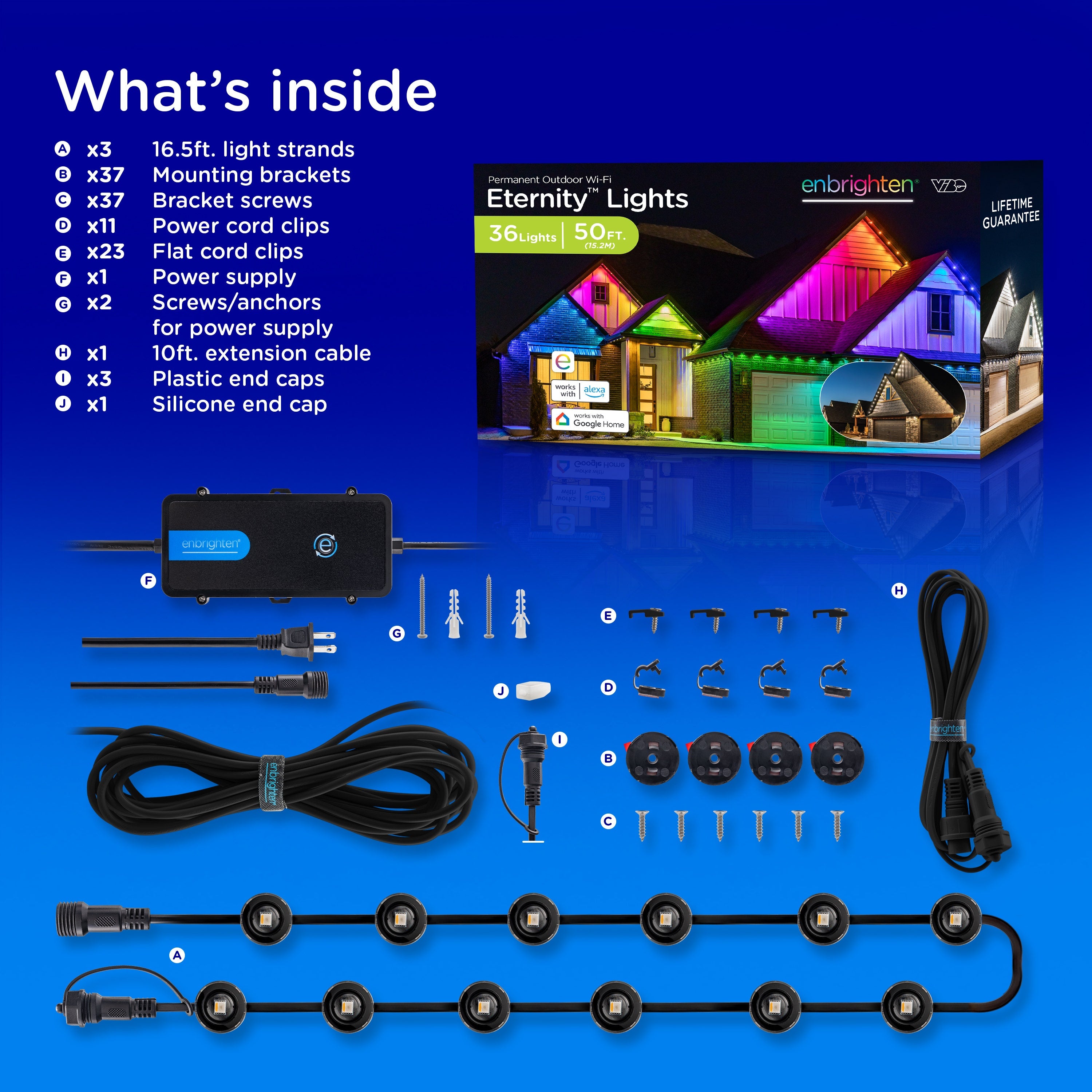 Enbrighten VIBE WiFi Color-Changing Permanent Outdoor Eternity Eave Lights, 36 Lights, 50ft. Black Cord