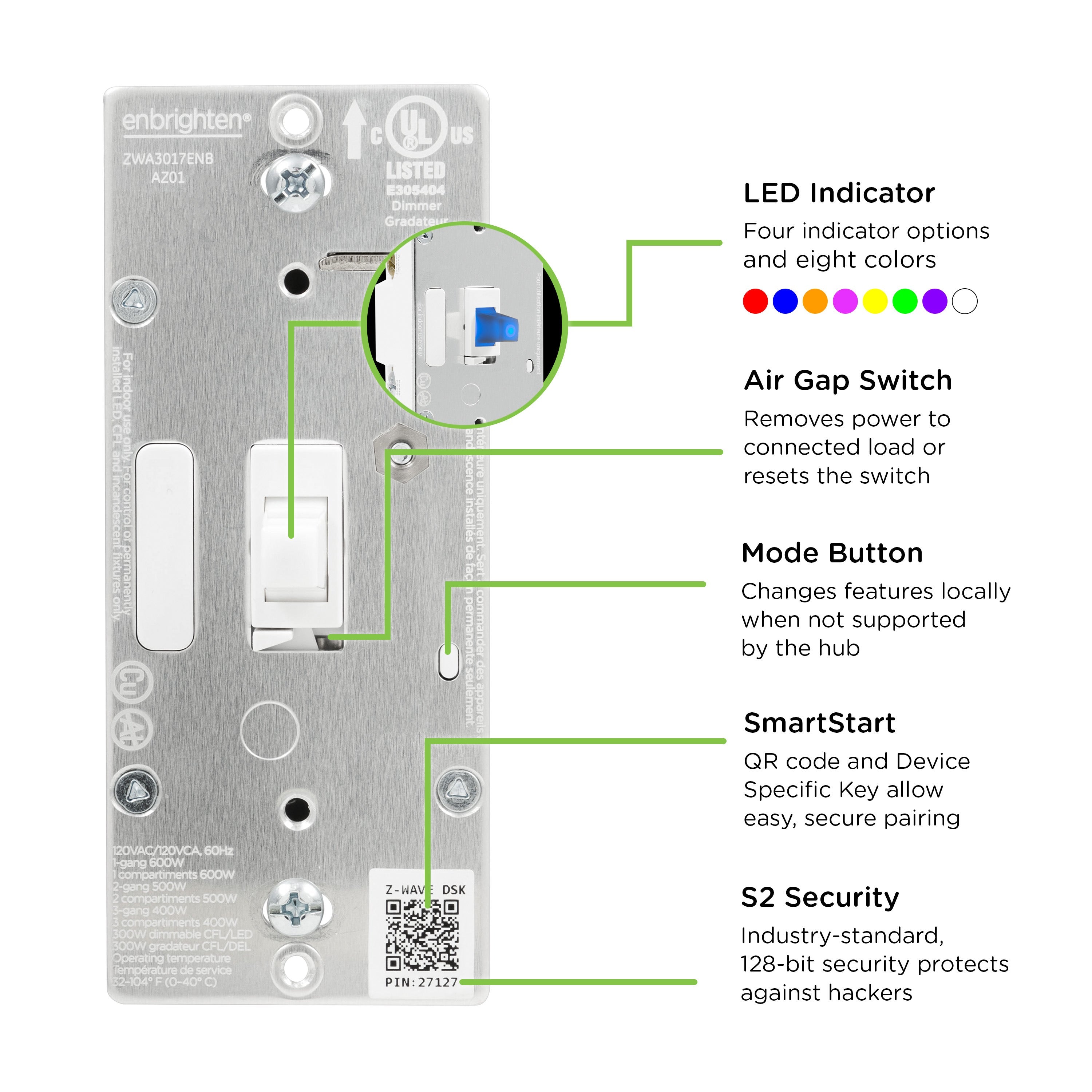 Enbrighten Z-Wave Plus In-Wall Smart Toggle Dimmer, 700 Series, White