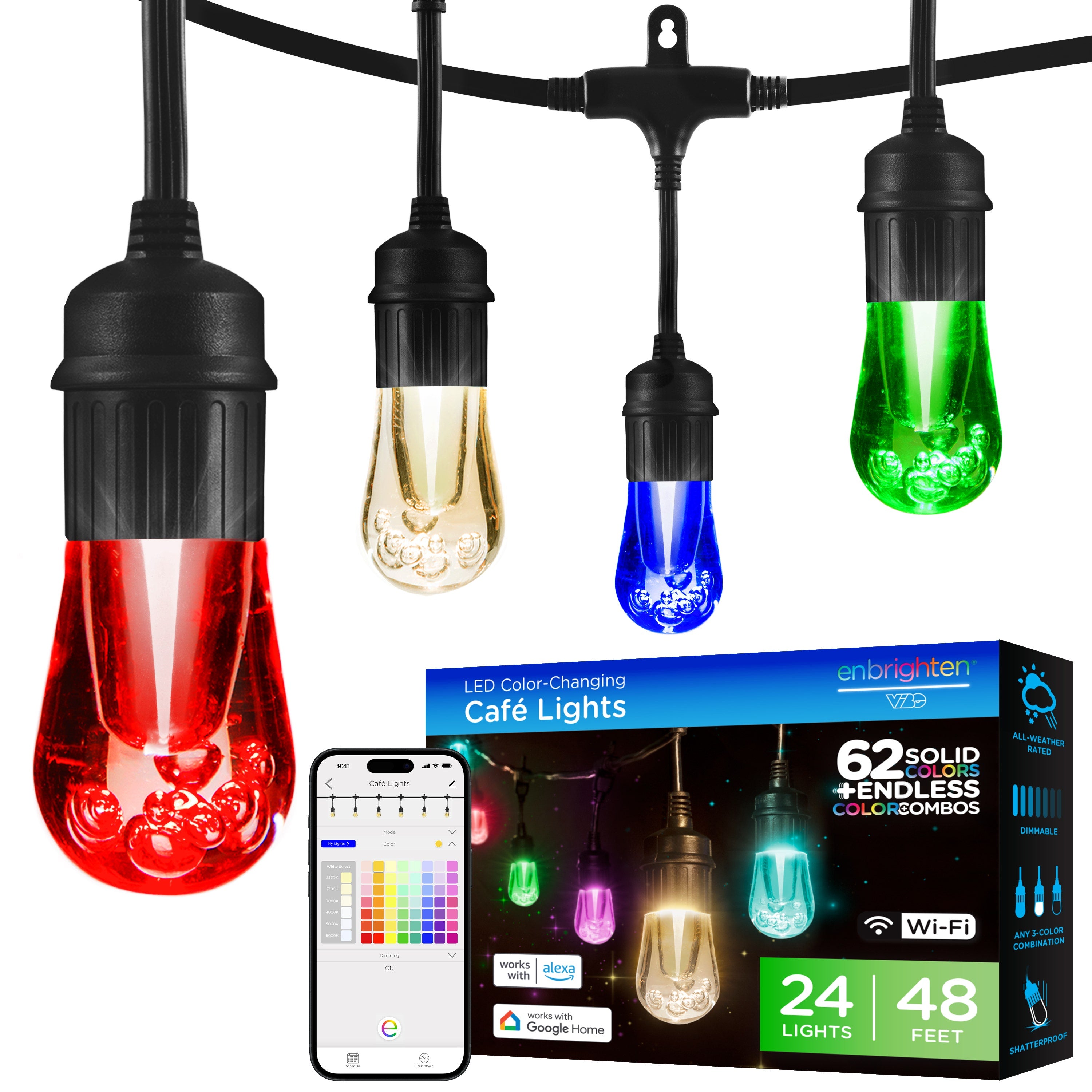 Enbrighten WiFi VIBE Vintage Color-Changing LED Cafe Lights, 24 Bulbs, 48ft. Black Cord