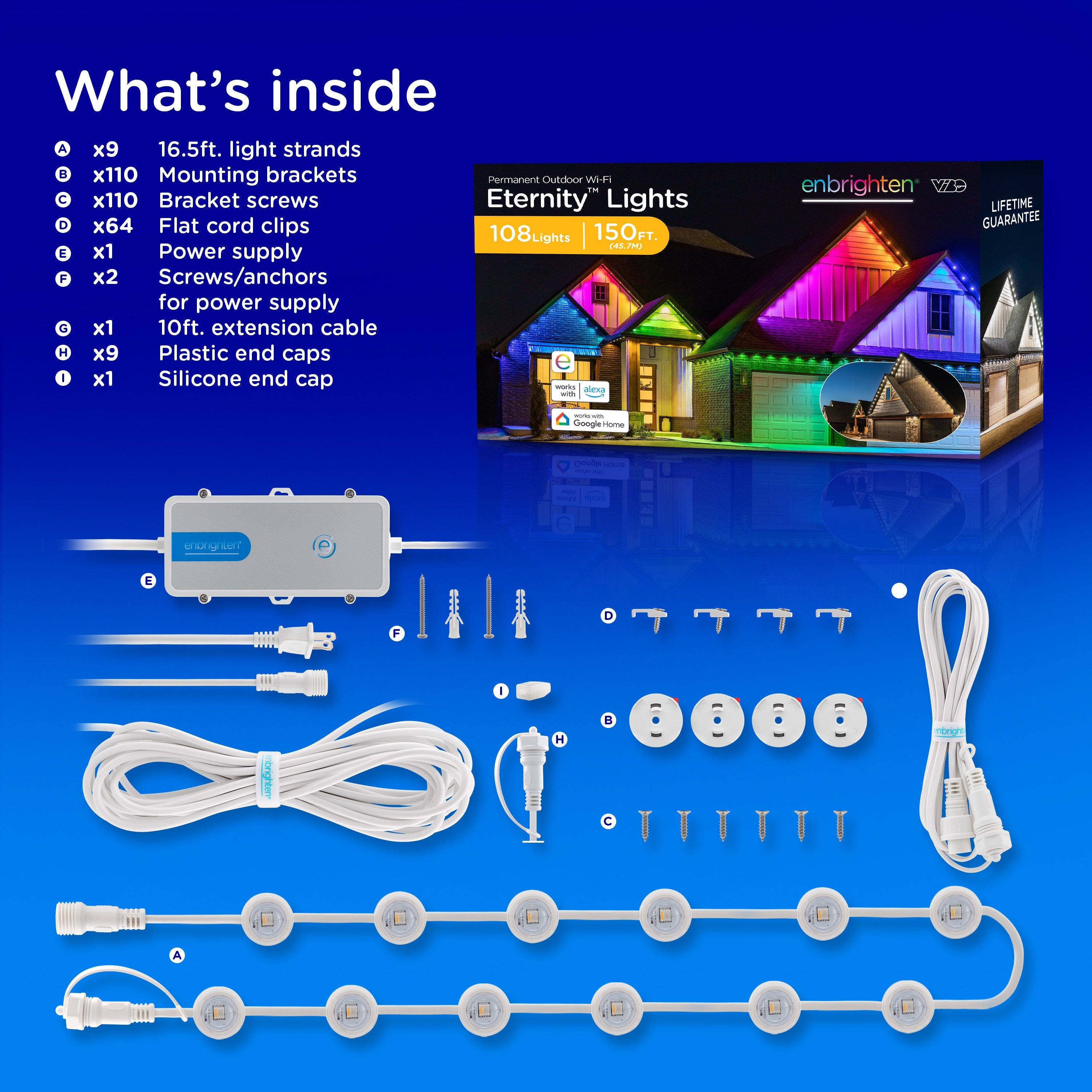 Enbrighten VIBE WiFi Color-Changing Permanent Outdoor Eternity Eave Lights, 108 Lights, 150ft. White