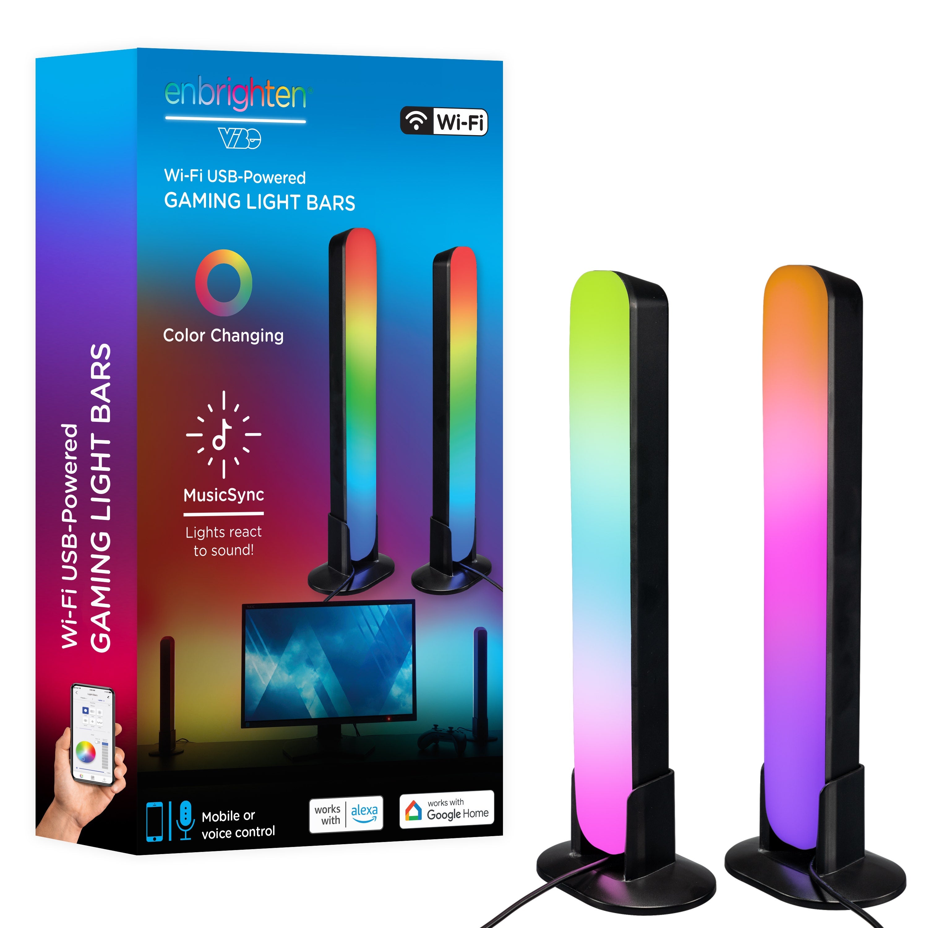 Enbrighten WiFi VIBE USB-Powered LED Color-Changing Gaming Light Bars, 2 Pack, Black