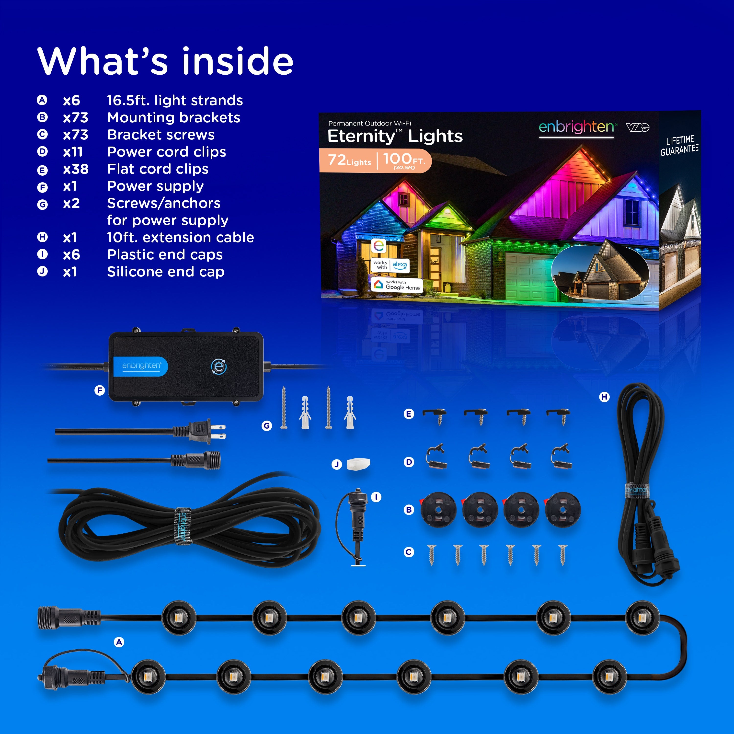 Enbrighten VIBE WiFi Color-Changing Permanent Outdoor Eternity Eave Lights, 72 Lights, 100ft. Black Cord