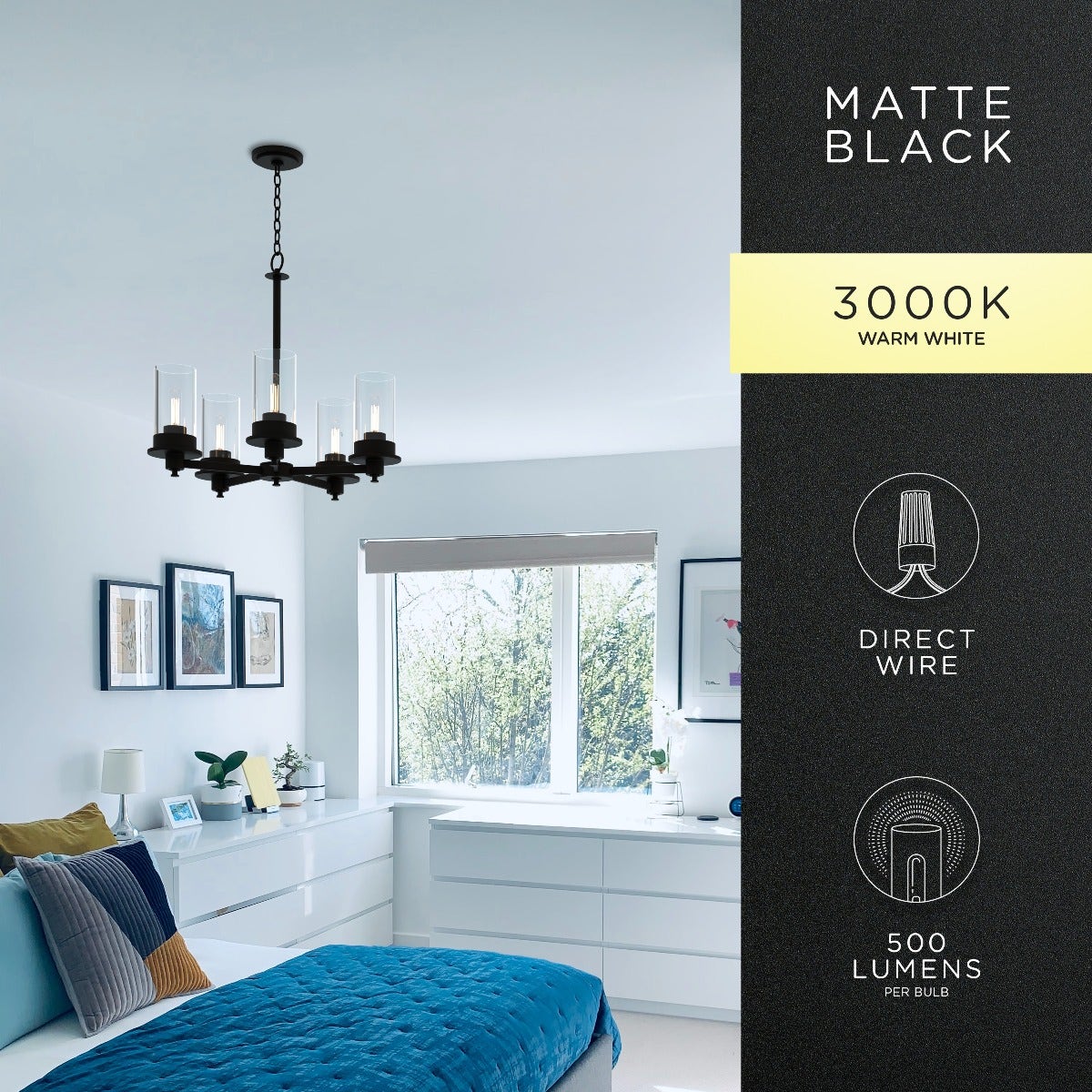 Enbrighten 5-Head Chandelier with LED Vintage Bulbs, Matte Black