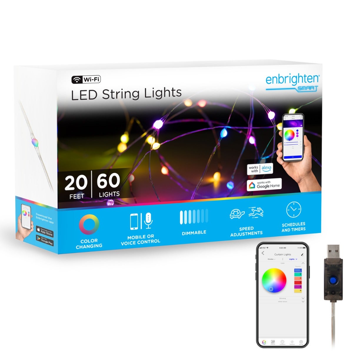 Enbrighten VIBE WiFi Color-Changing LED Fairy String Lights, 60 Lights, 20ft.