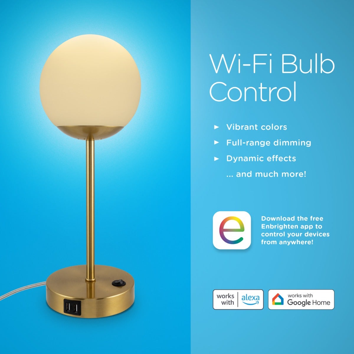 Enbrighten VIBE WiFi Color-Changing LED Tabletop Lamp with USB Charging, Brass