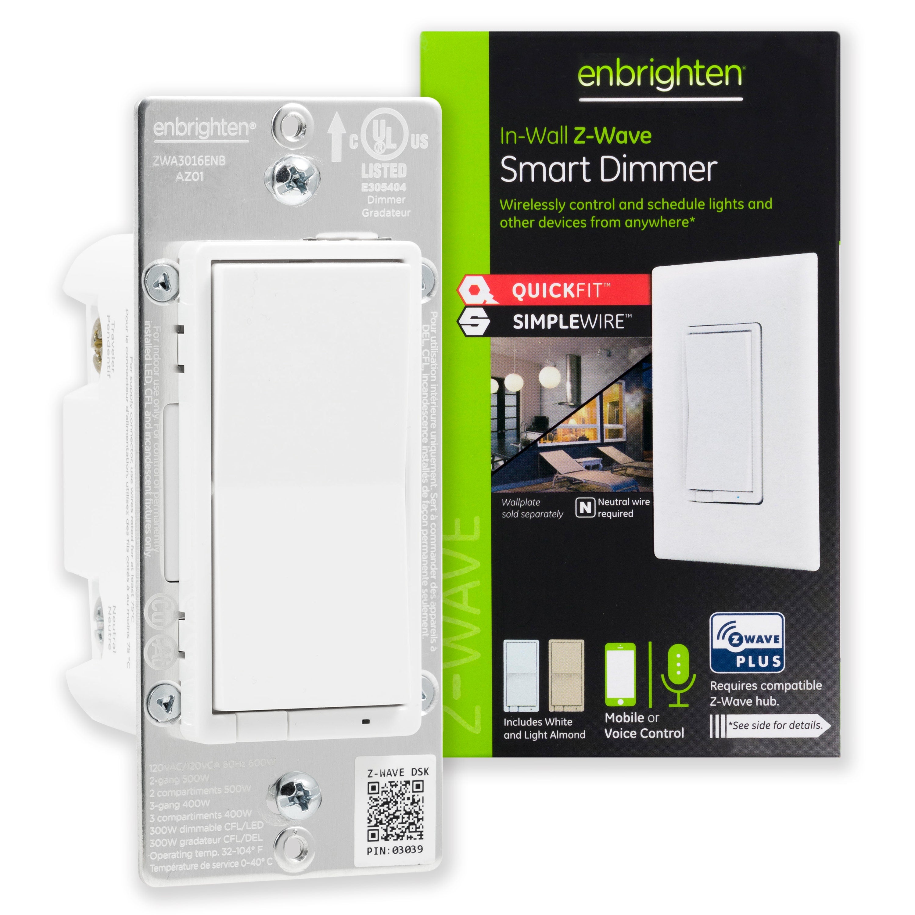 Enbrighten Z-Wave Plus In-Wall Smart Paddle Dimmer, 700 Series, White/Almond