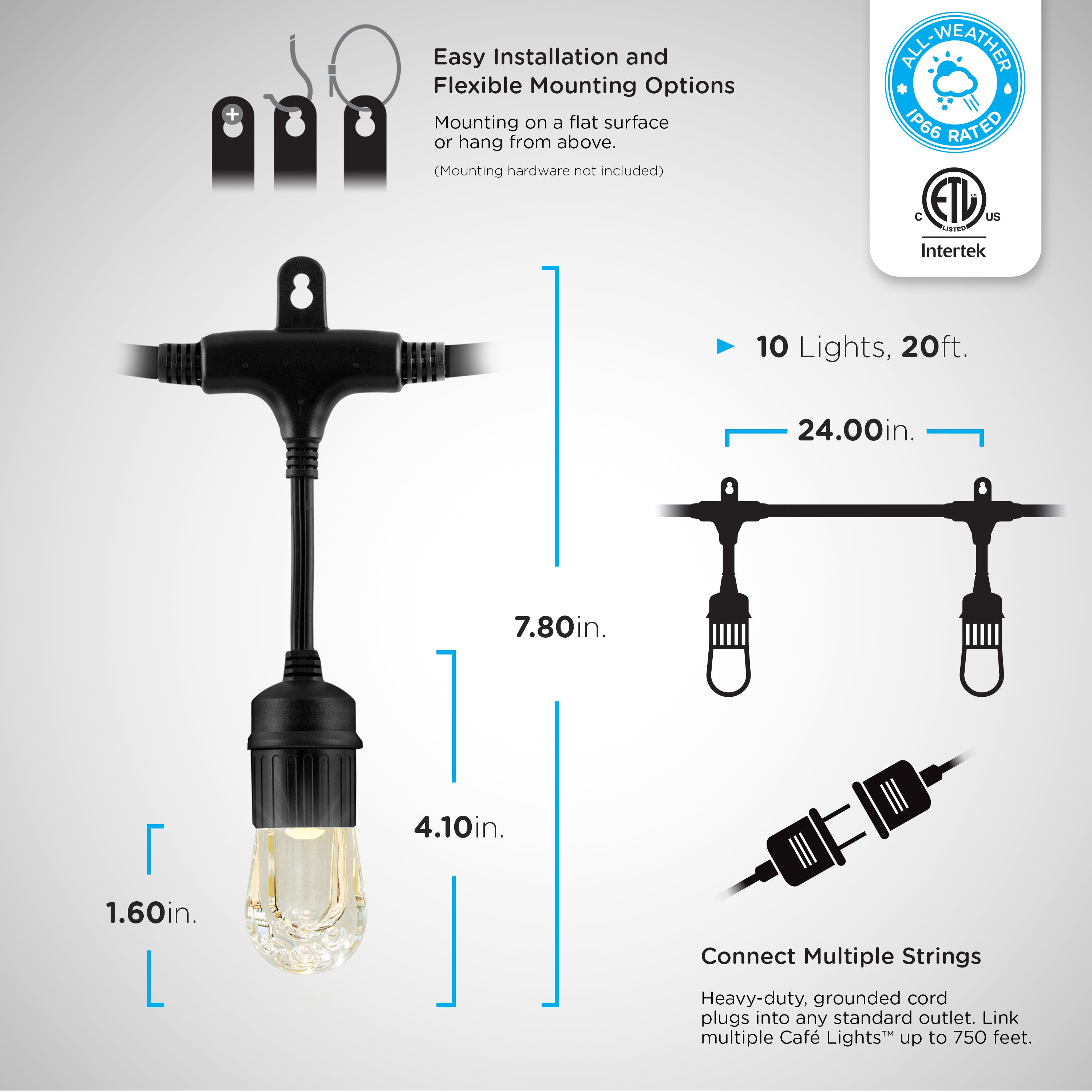 Enbrighten Seasons Color-Changing Classic LED Cafe Lights, 10 Bulbs, 20ft. Black Cord