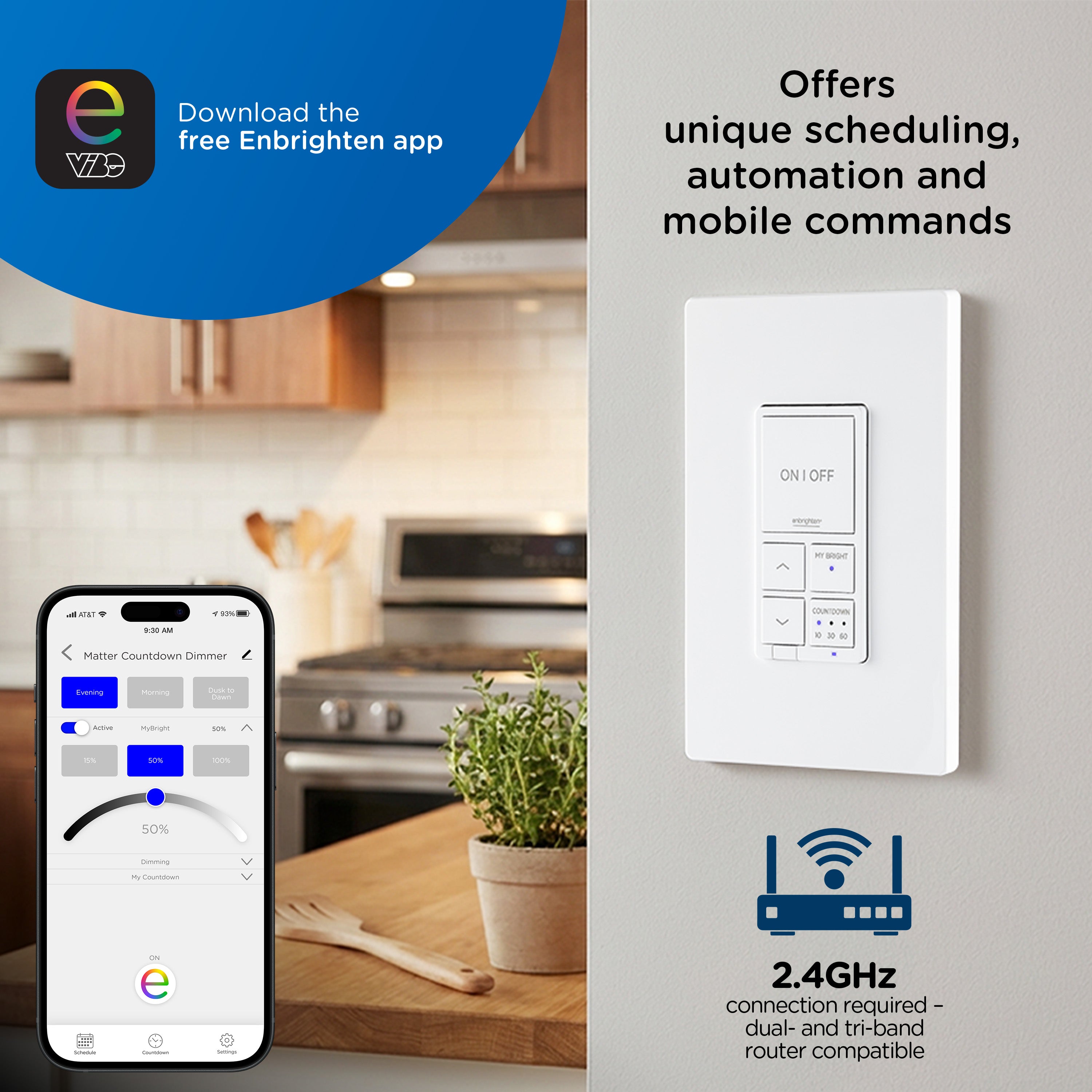 Enbrighten Pro Smart Dimmer Light Switch, Matter, Countdown & 2 MyBright