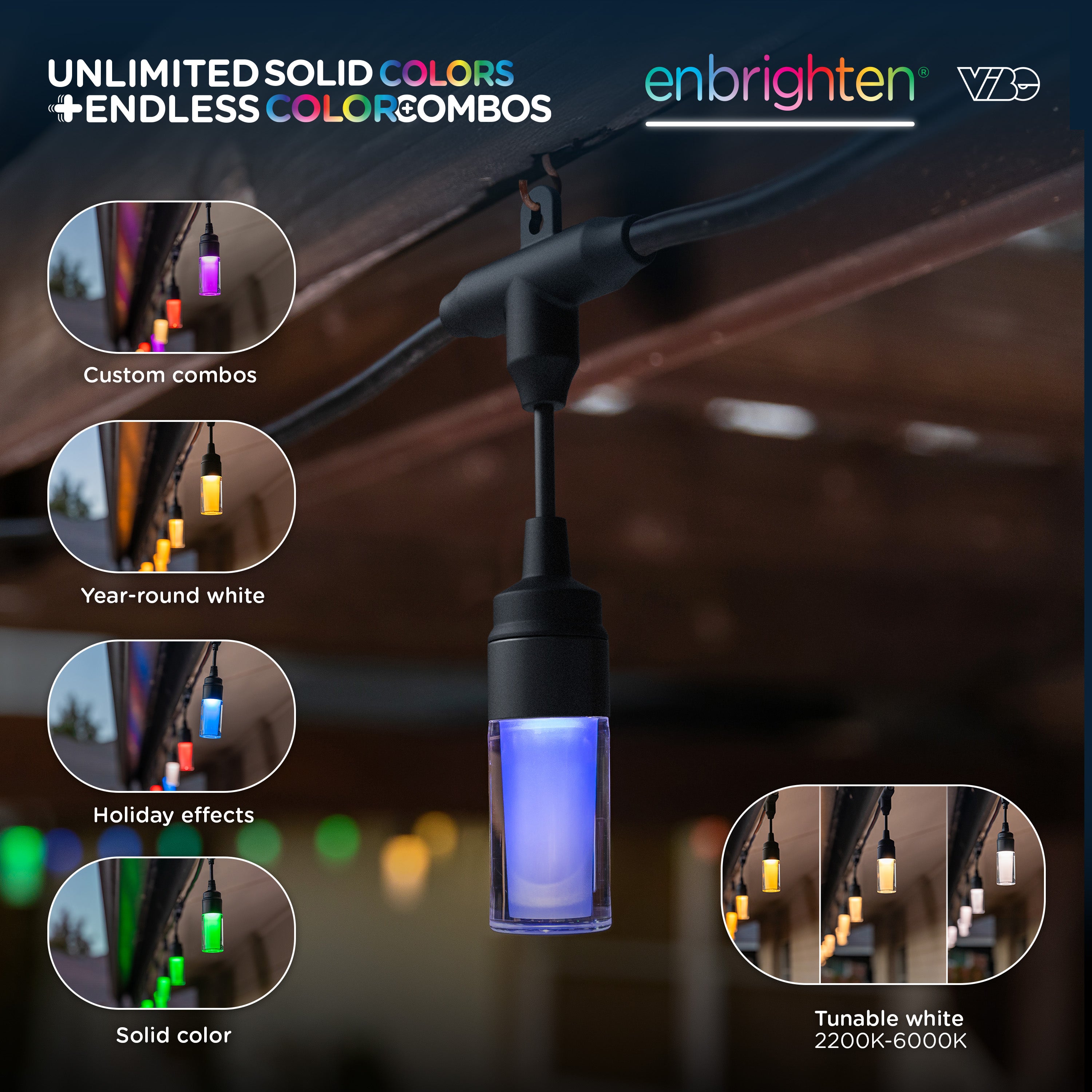 Enbrighten WiFi VIBE Modern Color-Changing LED Cafe Lights, 24 Bulbs, 48ft. Black Cord