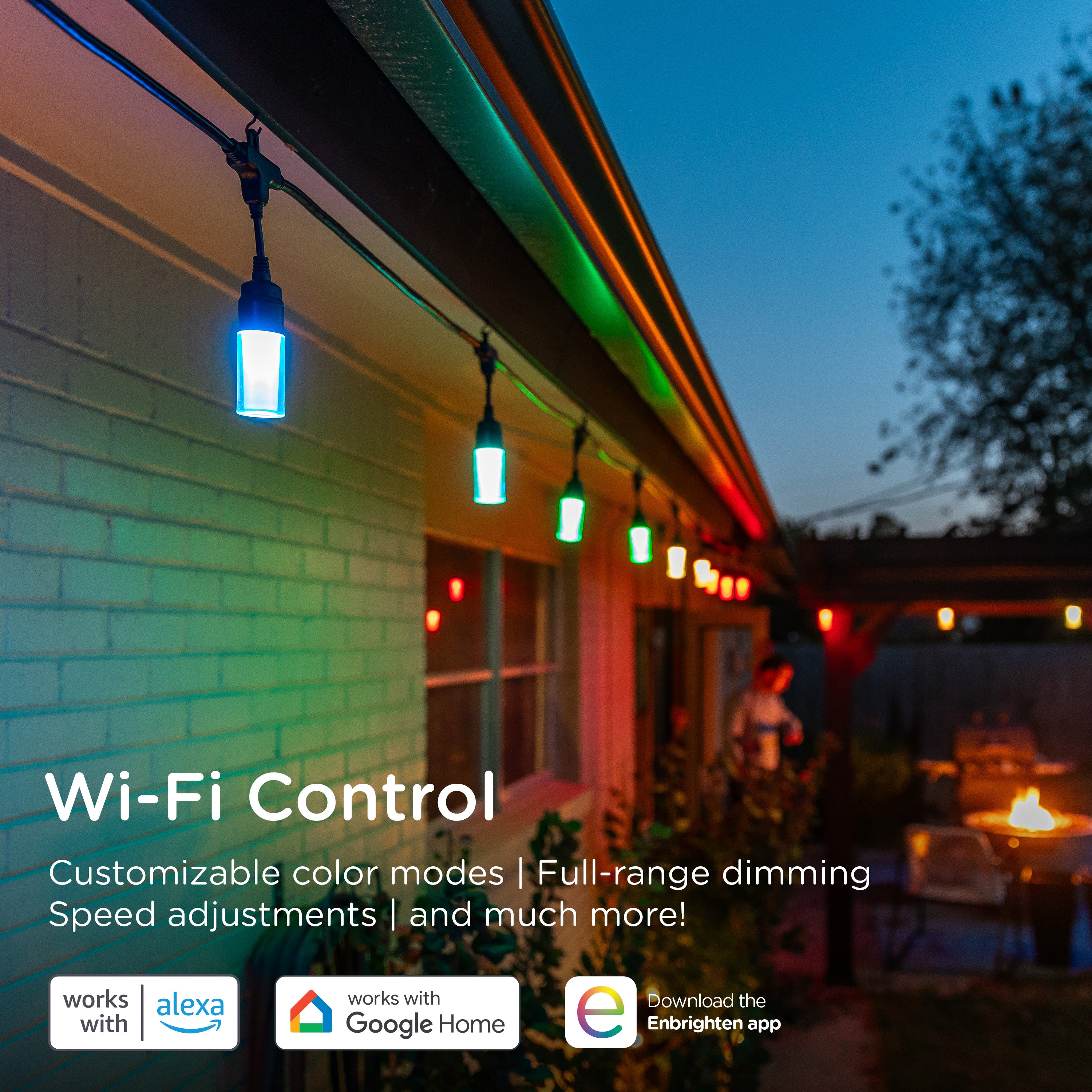 Enbrighten WiFi VIBE Modern Color-Changing LED Cafe Lights, 24 Bulbs, 48ft. Black Cord