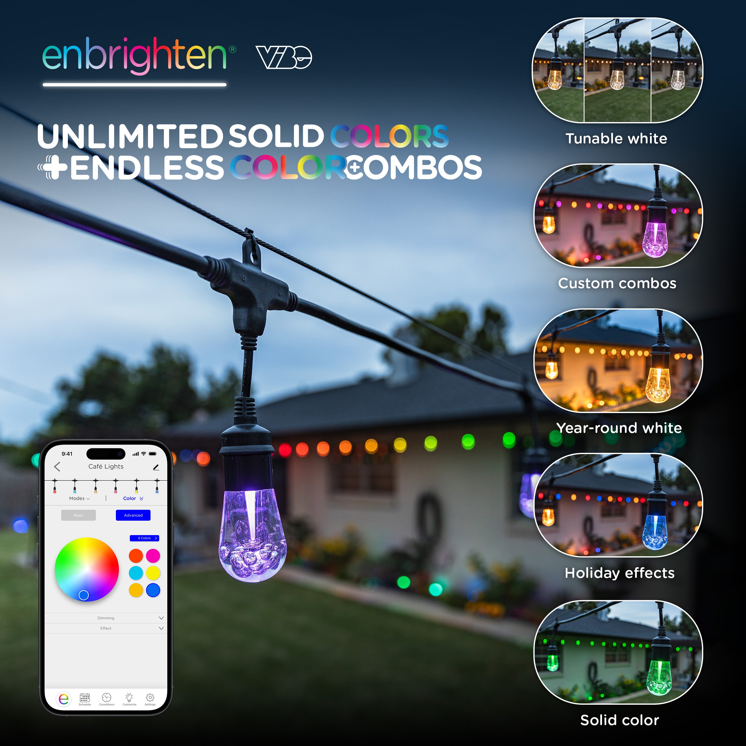 Enbrighten VIBE WiFi Vintage Color-Changing LED Cafe Lights Gen 2, 12 Bulbs, 24ft. Black Cord