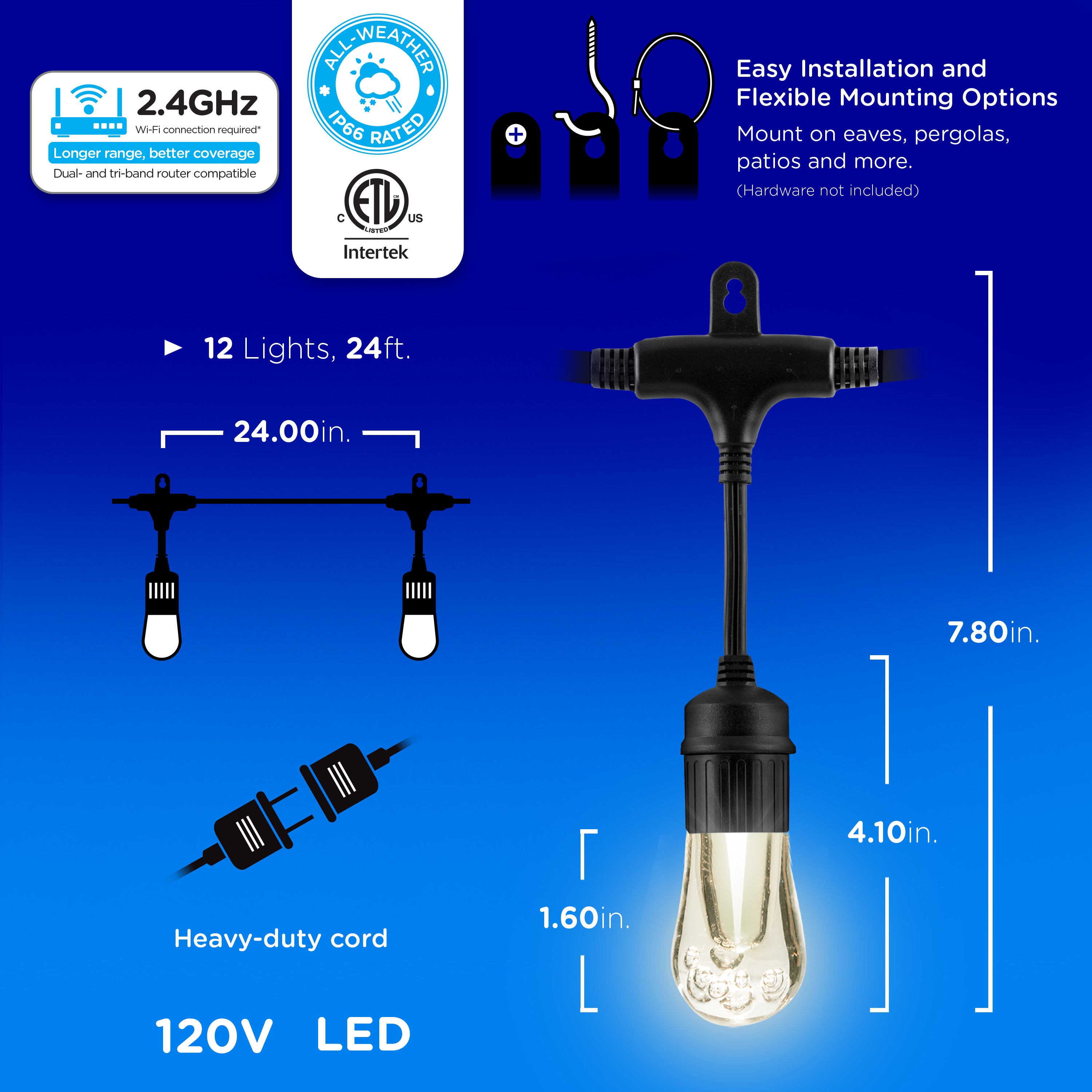 Enbrighten VIBE WiFi Vintage Color-Changing LED Cafe Lights Gen 2, 12 Bulbs, 24ft. Black Cord