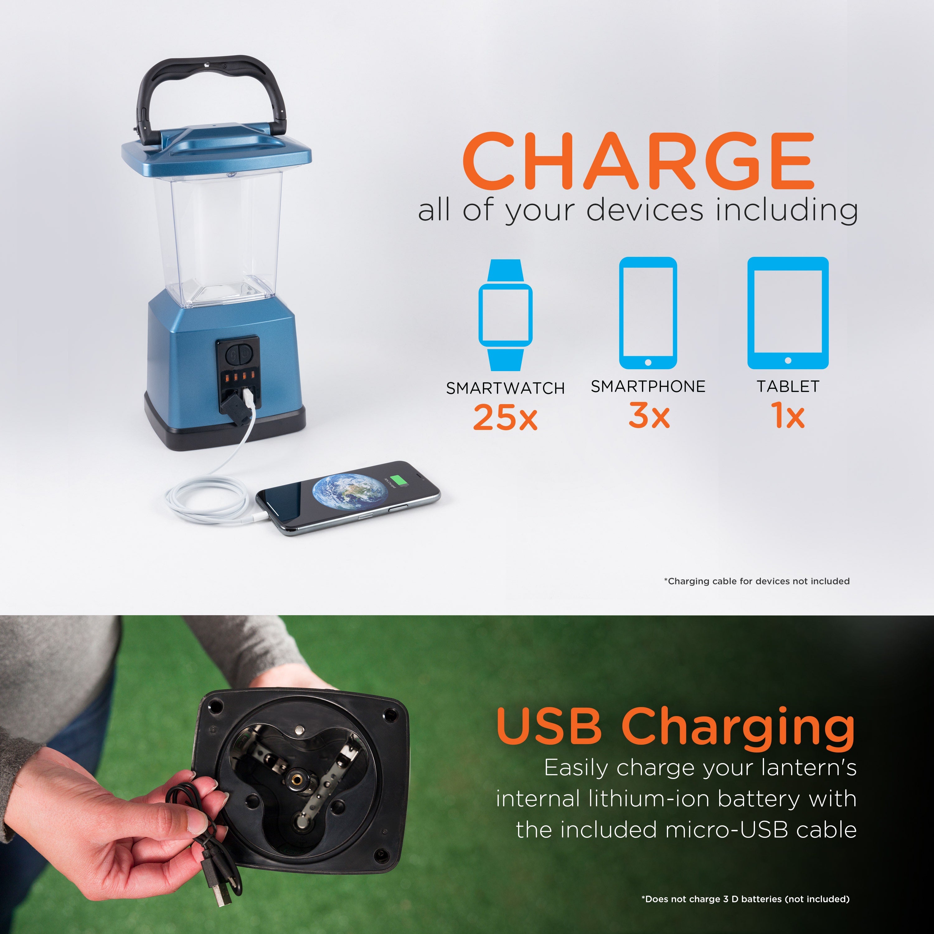 Enbrighten Lux Hybrid Dual Power Color-Select Dimmable LED Lantern with USB Charging, Blue