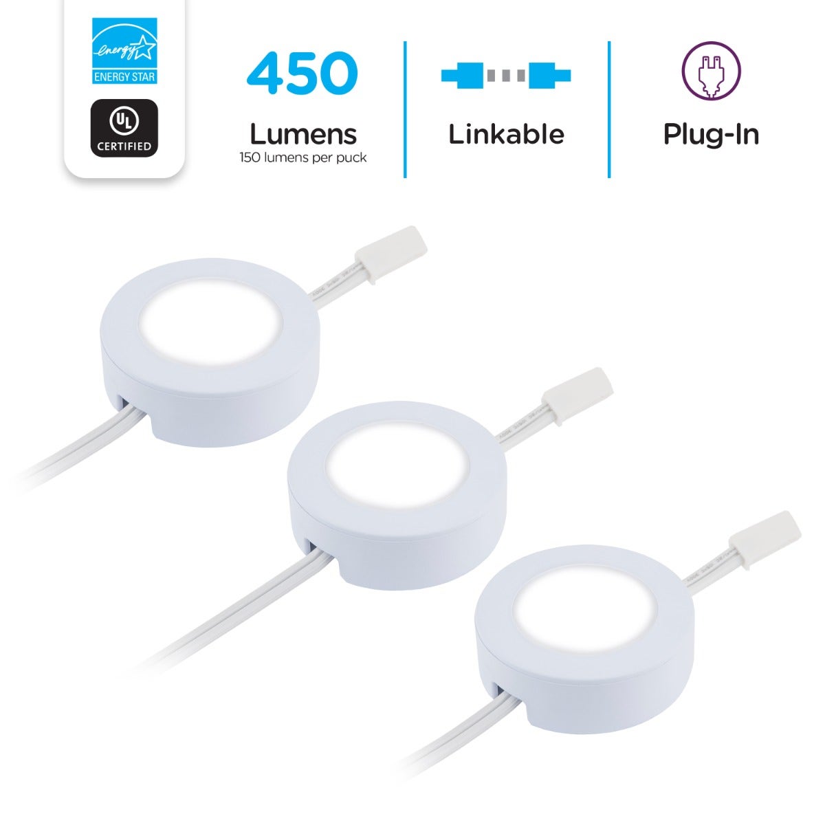 Enbrighten Linkable Recess Dimmable LED Puck Lights, 3 Lights, White
