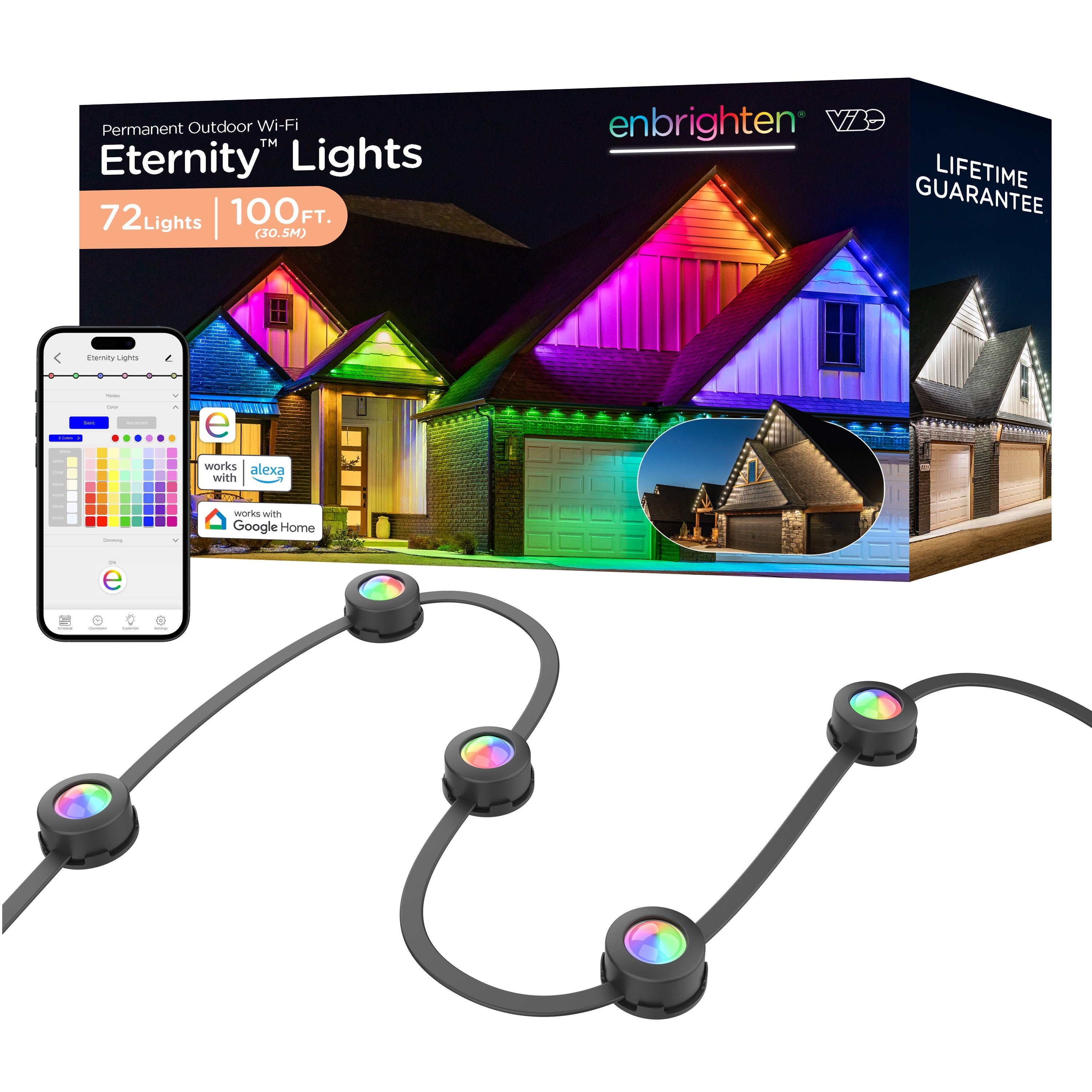 Enbrighten WiFi VIBE Color-Changing Permanent Outdoor Eternity Eave Lights, 72 Lights, 100ft. Black Cord