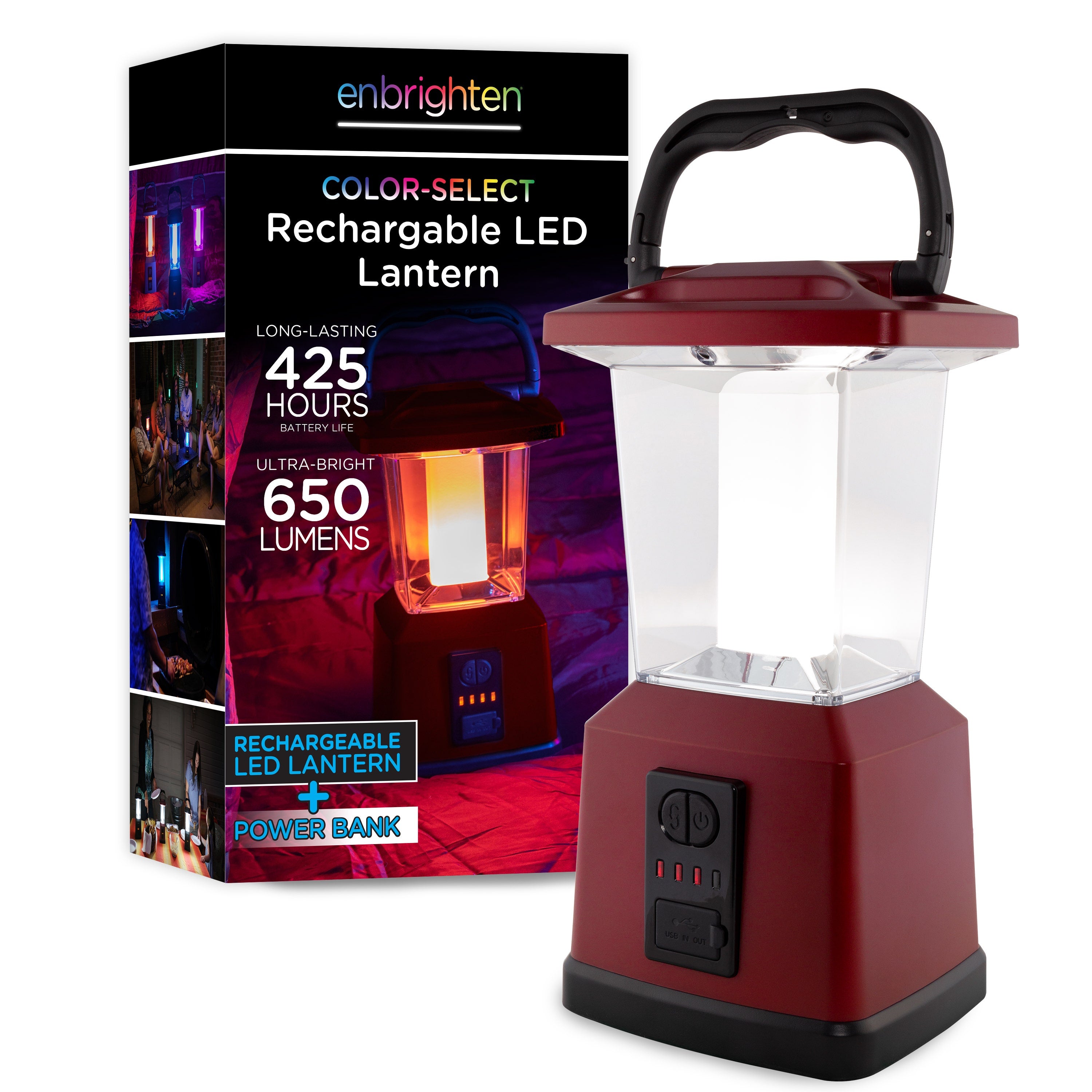 Enbrighten Lux Hybrid Dual Power Color-Select Dimmable LED Lantern with USB Charging, Red