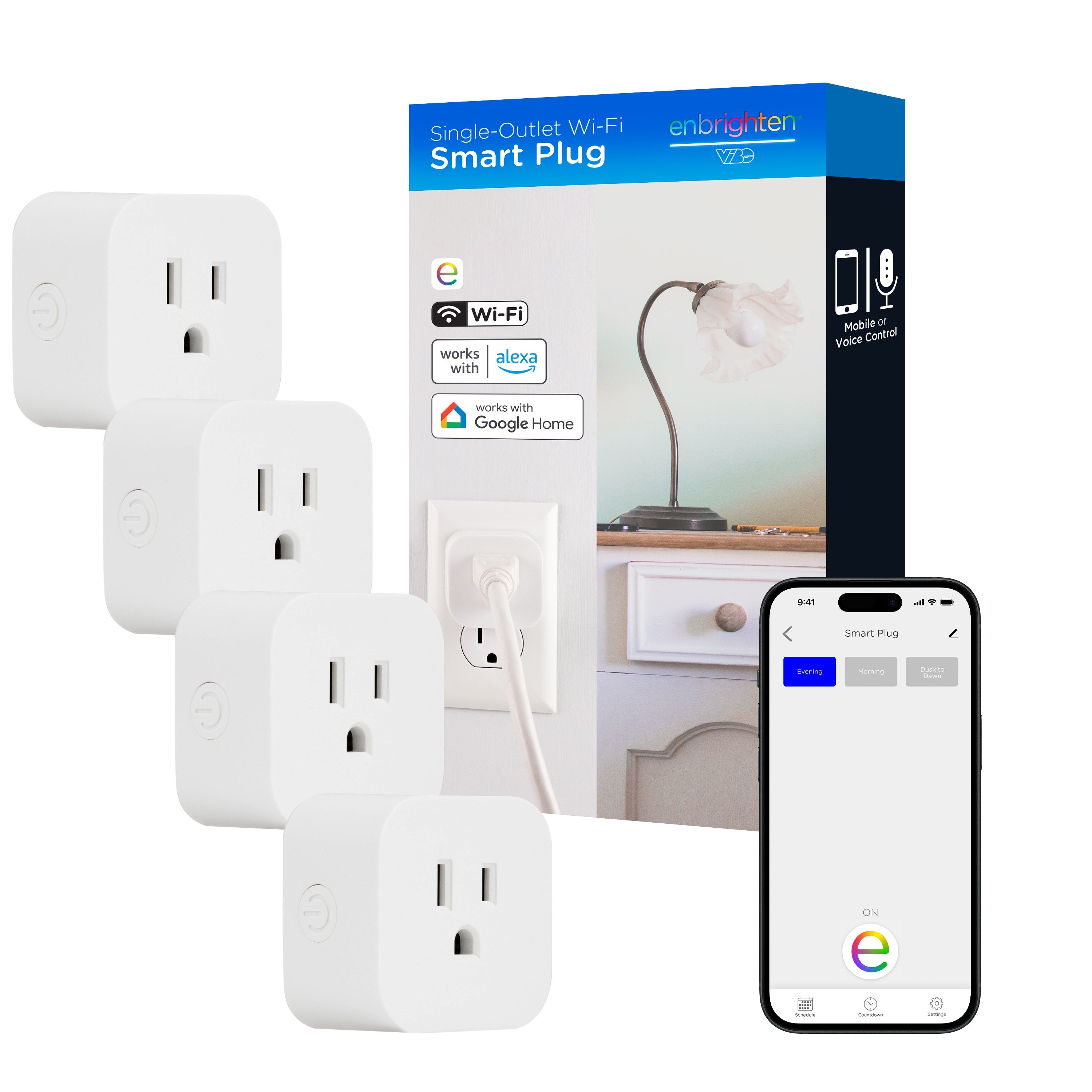 Enbrighten VIBE Plug-In 1-Outlet WiFi Smart Plug, White, 4 Pack