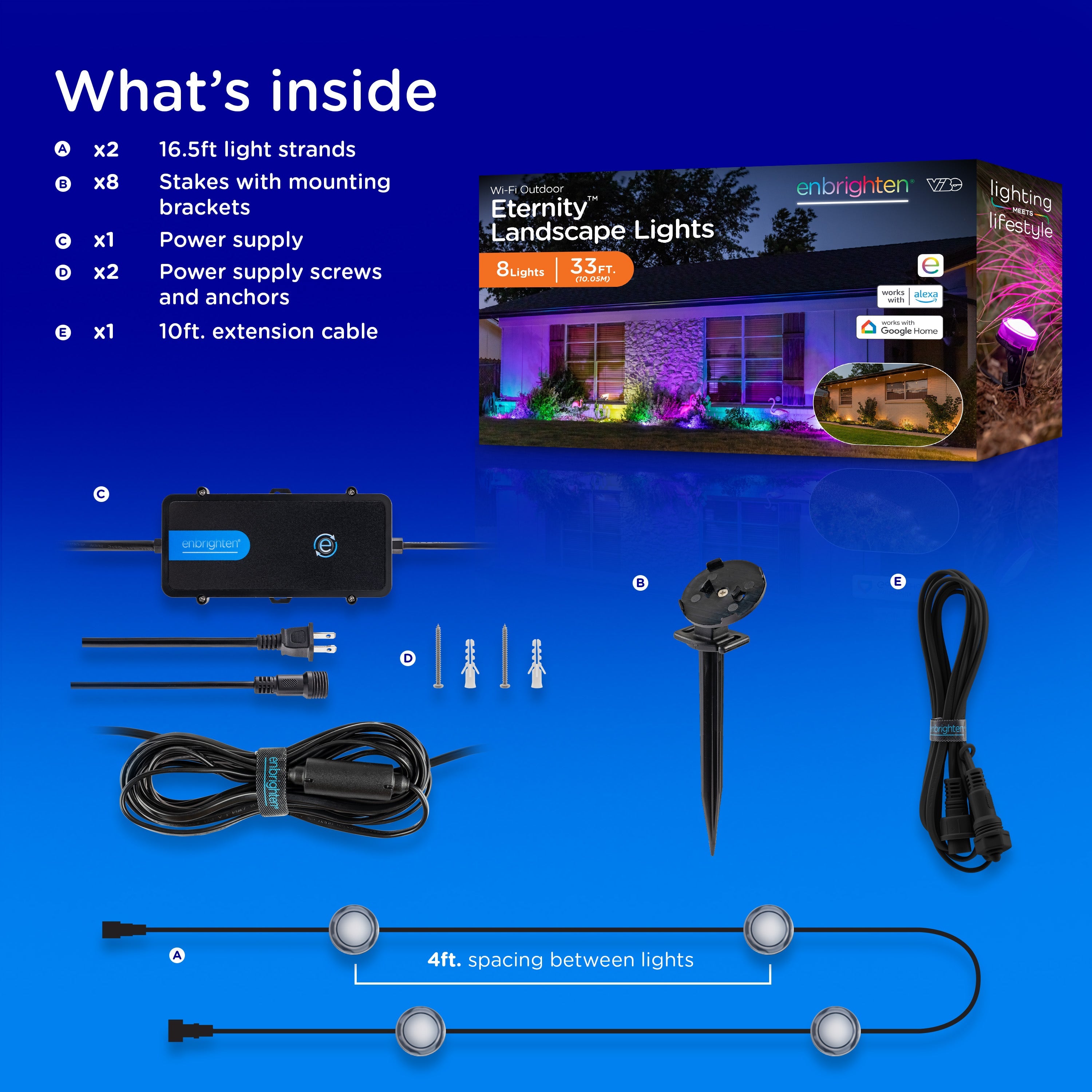Enbrighten VIBE WiFi Color-Changing Eternity Landscape Lights, 8 Lights, 33ft. Black Cord