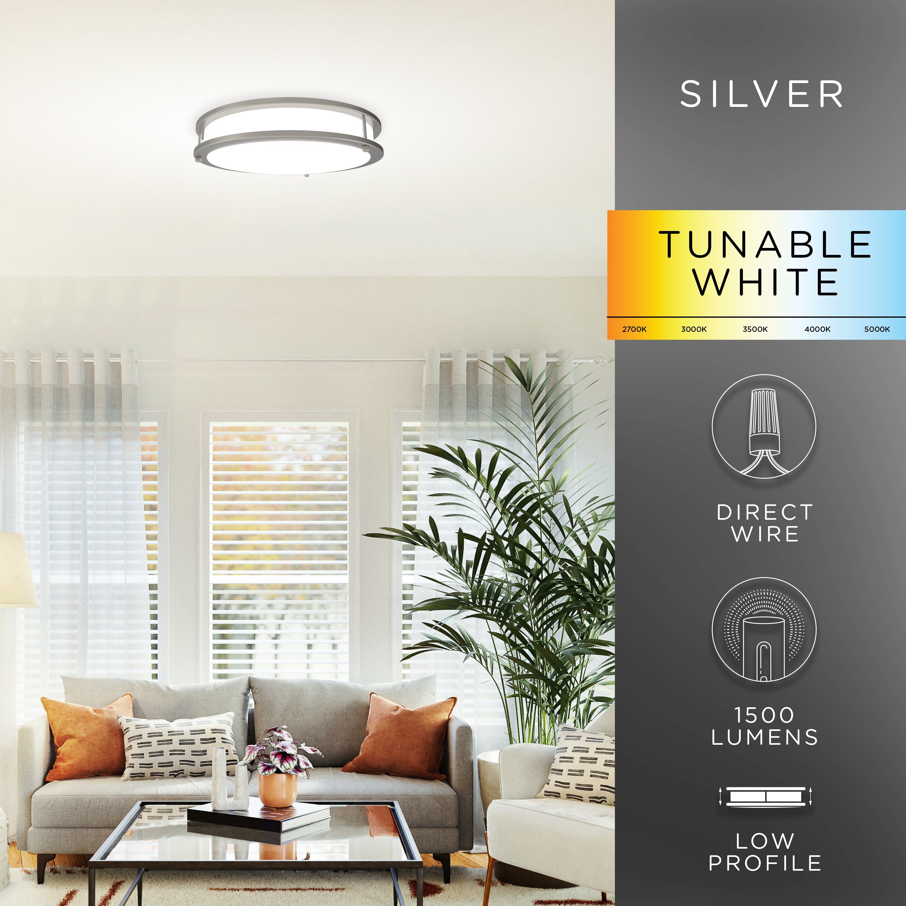 Enbrighten Flush Mount Light with Tunable White LED Bulb, Silver