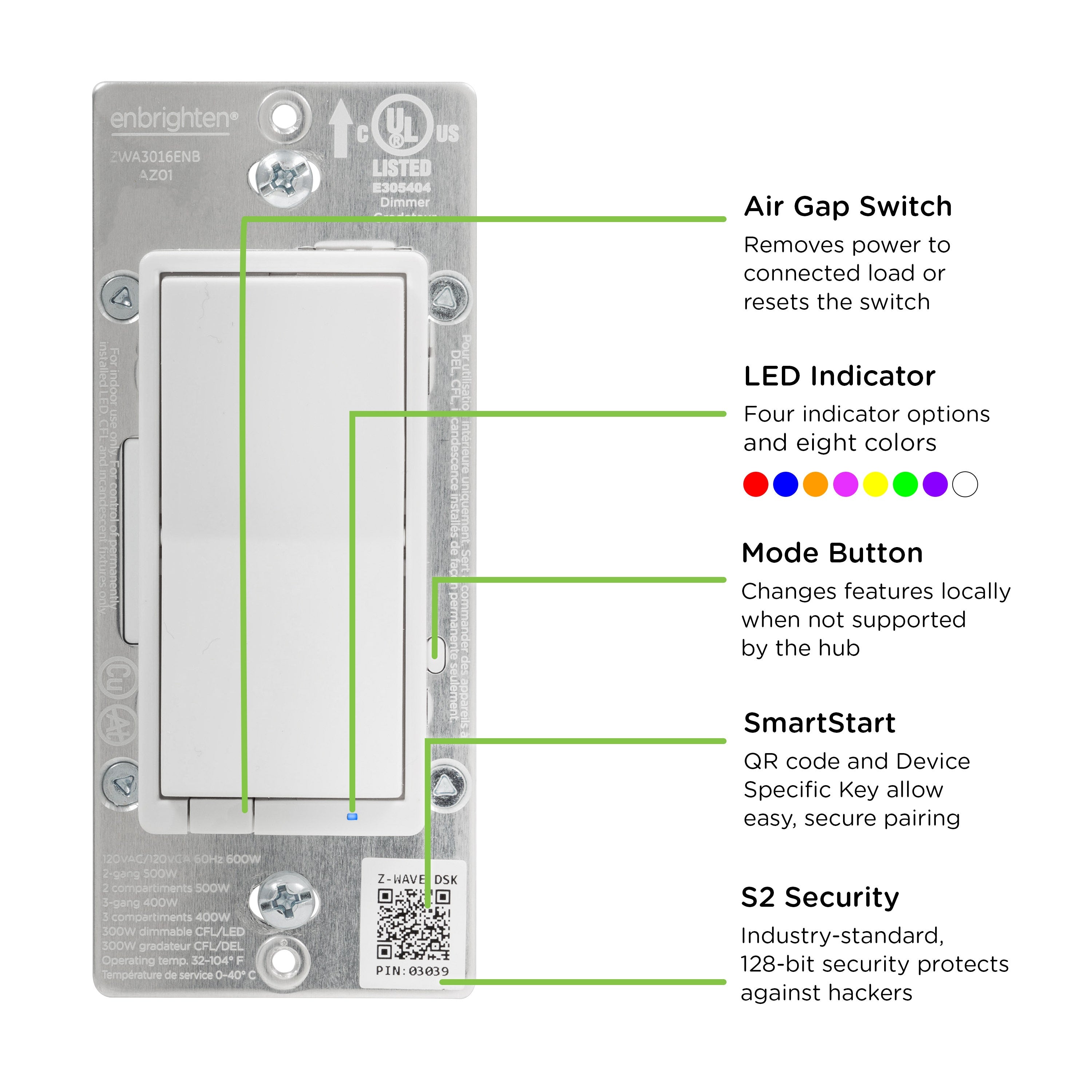 Enbrighten Z-Wave Plus In-Wall Smart Paddle Dimmer, 700 Series, White/Almond