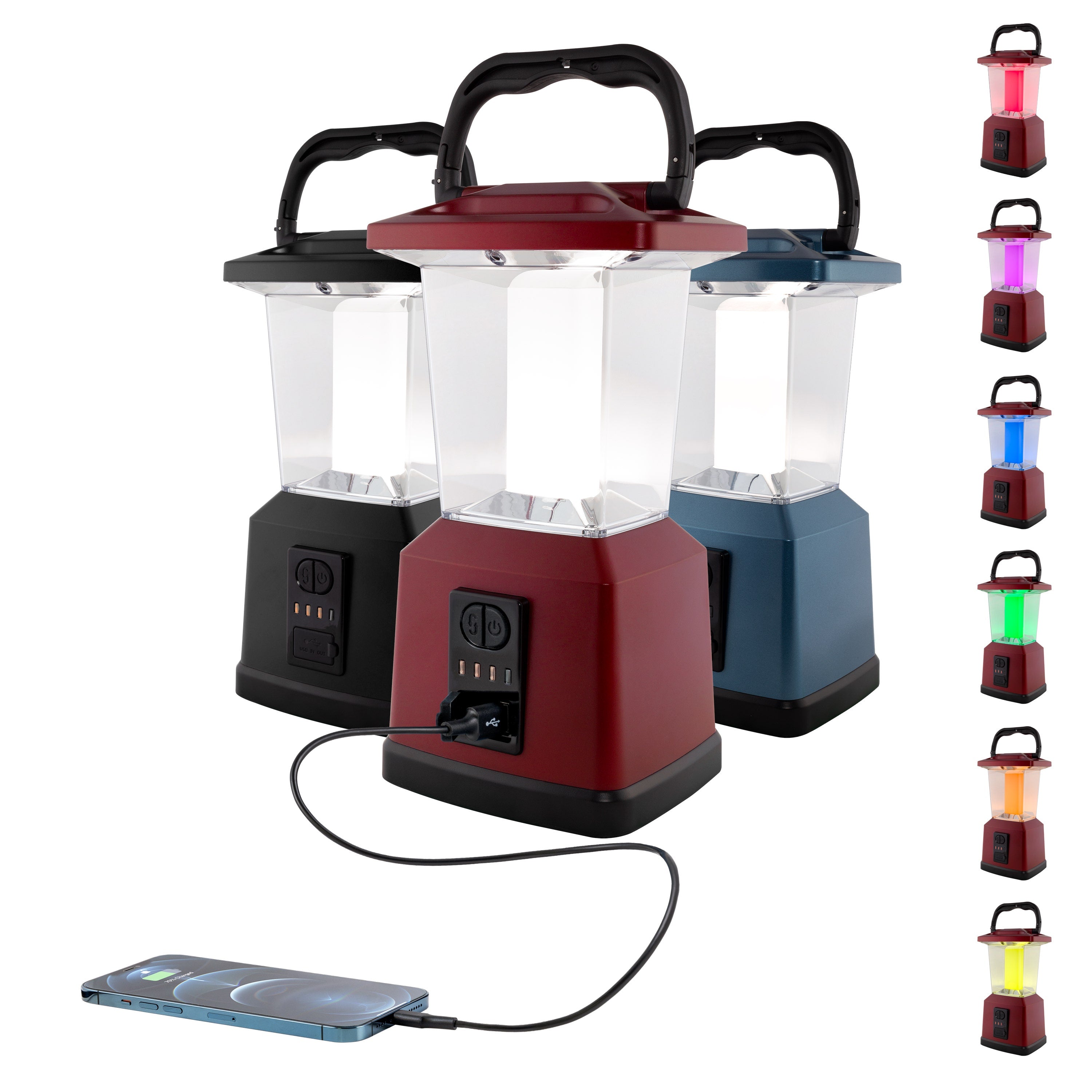 Enbrighten Lux Hybrid Dual Power Color-Select Dimmable LED Lantern with USB Charging, Red