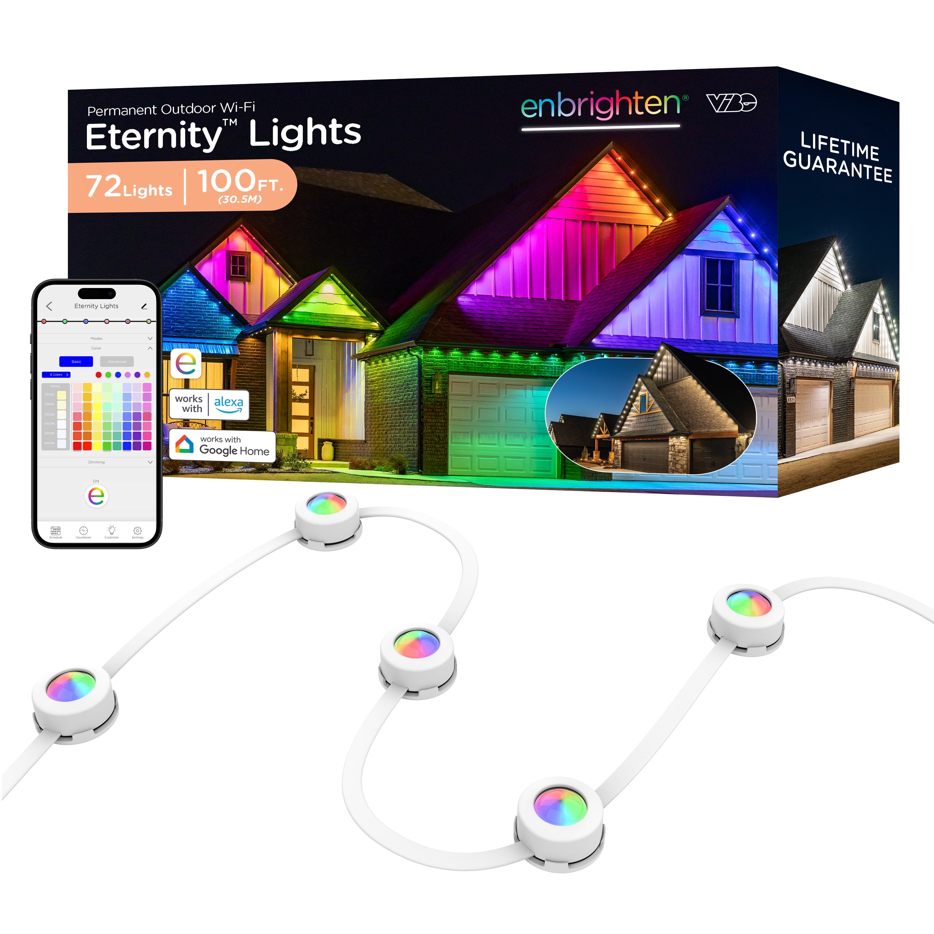 Enbrighten WiFi VIBE Color-Changing Permanent Outdoor Eternity Eave Lights, 72 Lights, 100ft. White Cord