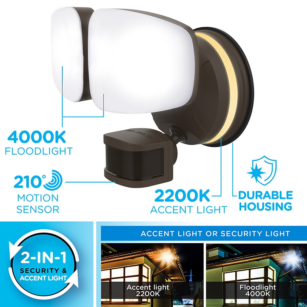 Enbrighten VIBE Outdoor 2-Head Motion-Sensing Back Lit WiFi LED Security Light, Bronze