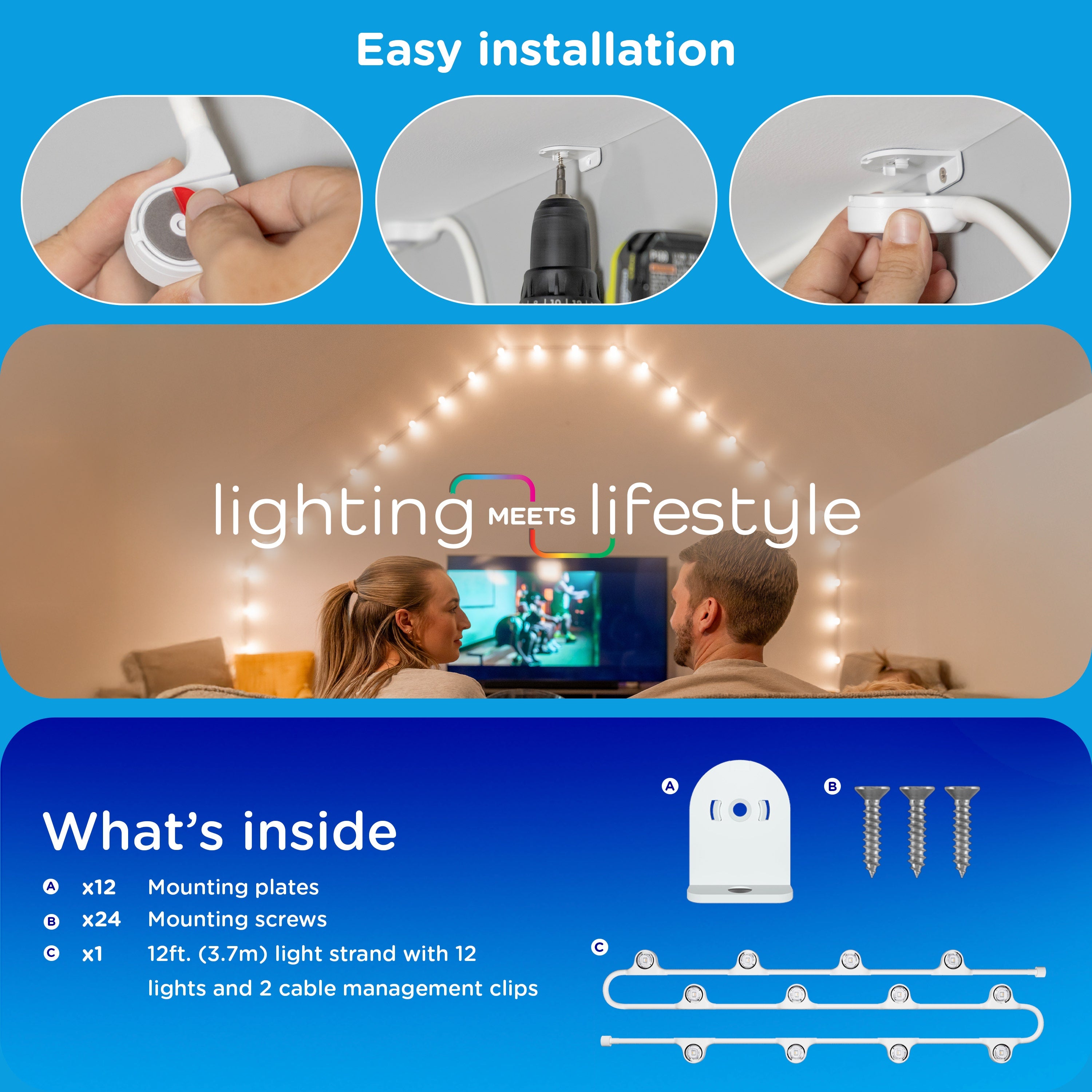 Enbrighten VIBE WiFi Spectrum Color-Changing Wall Lights Extension Strand, 12ft. White Cord