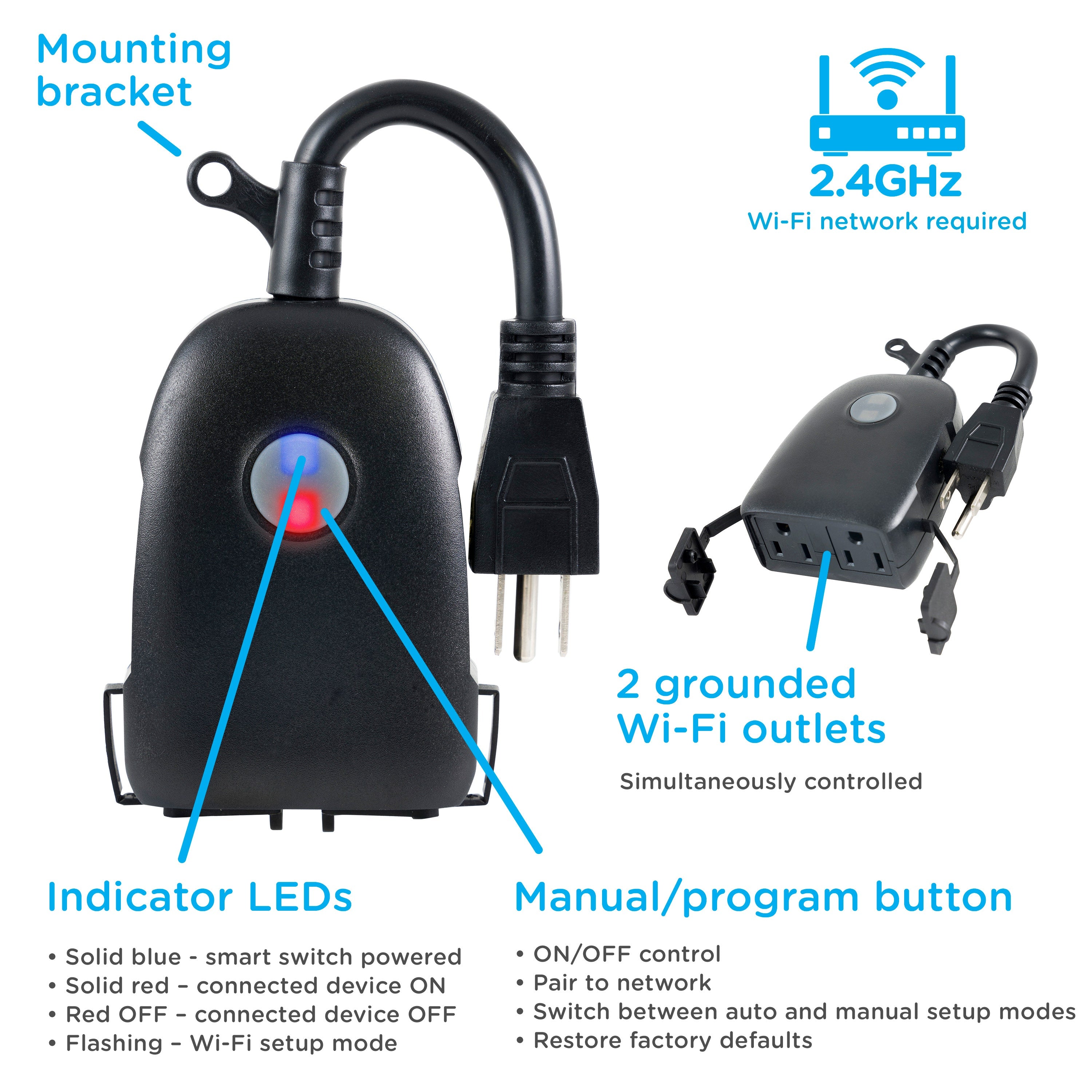 Enbrighten VIBE Outdoor Plug-in 2-Outlet WiFi Smart Switch, Black
