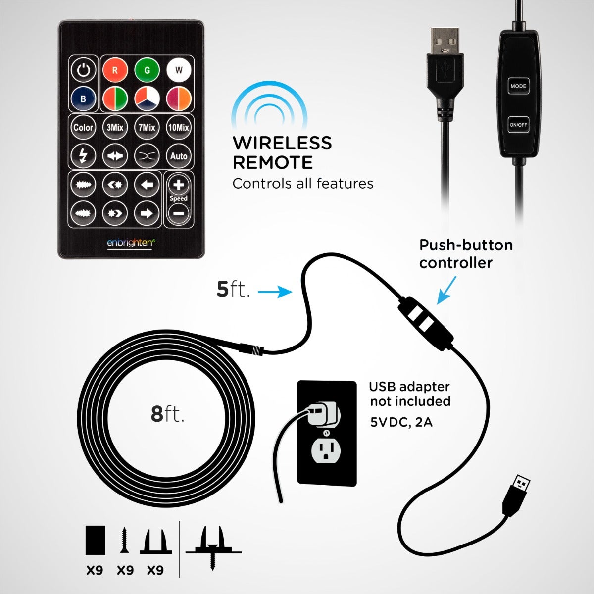 Enbrighten Indoor USB-Powered Color-Changing LED Flex Light with Remote, 8ft., Black