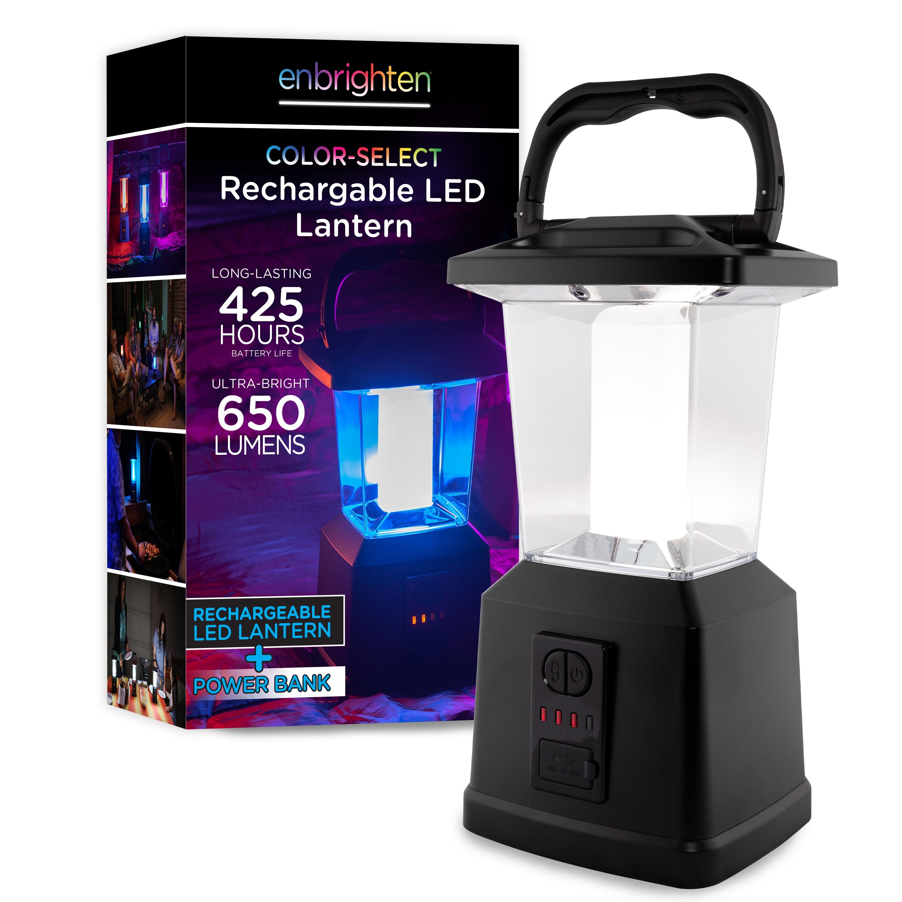 Enbrighten Lux Hybrid Dual Power Color-Select Dimmable LED Lantern with USB Charging, Black