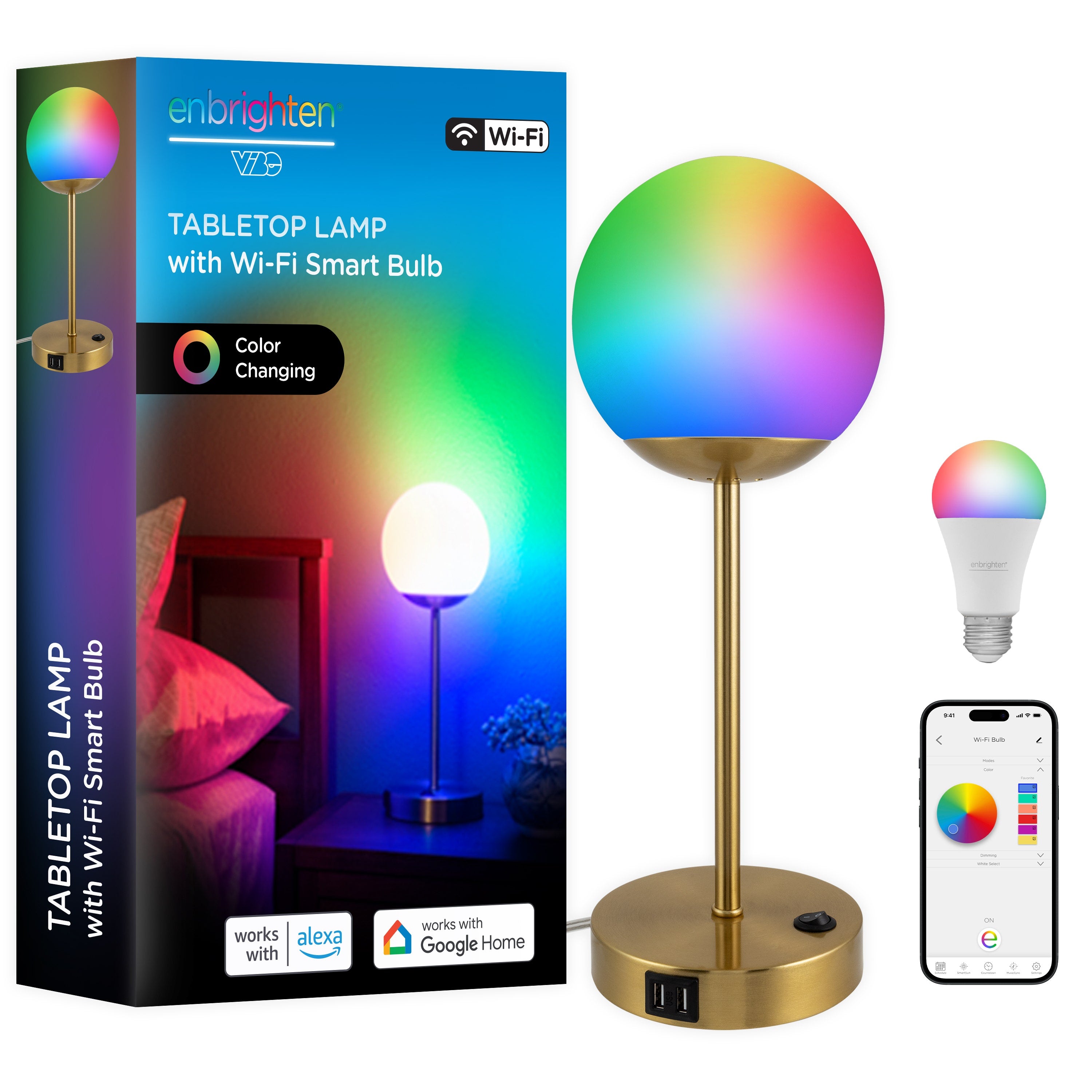 Enbrighten VIBE WiFi Color-Changing LED Tabletop Lamp with USB Charging, Brass